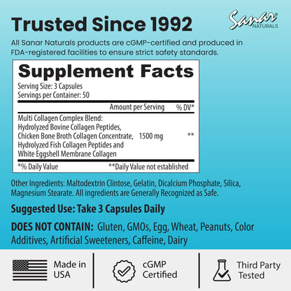 Sanar Naturals Multi Collagen Pills Type I, II, III, V, X | Extra Strength Hair, Nail, Skin, Bone & Joint Support | Hydrolyzed Collagen Supplement for Women and Men | Non-GMO, 150 Capsules - dailyvitalstore