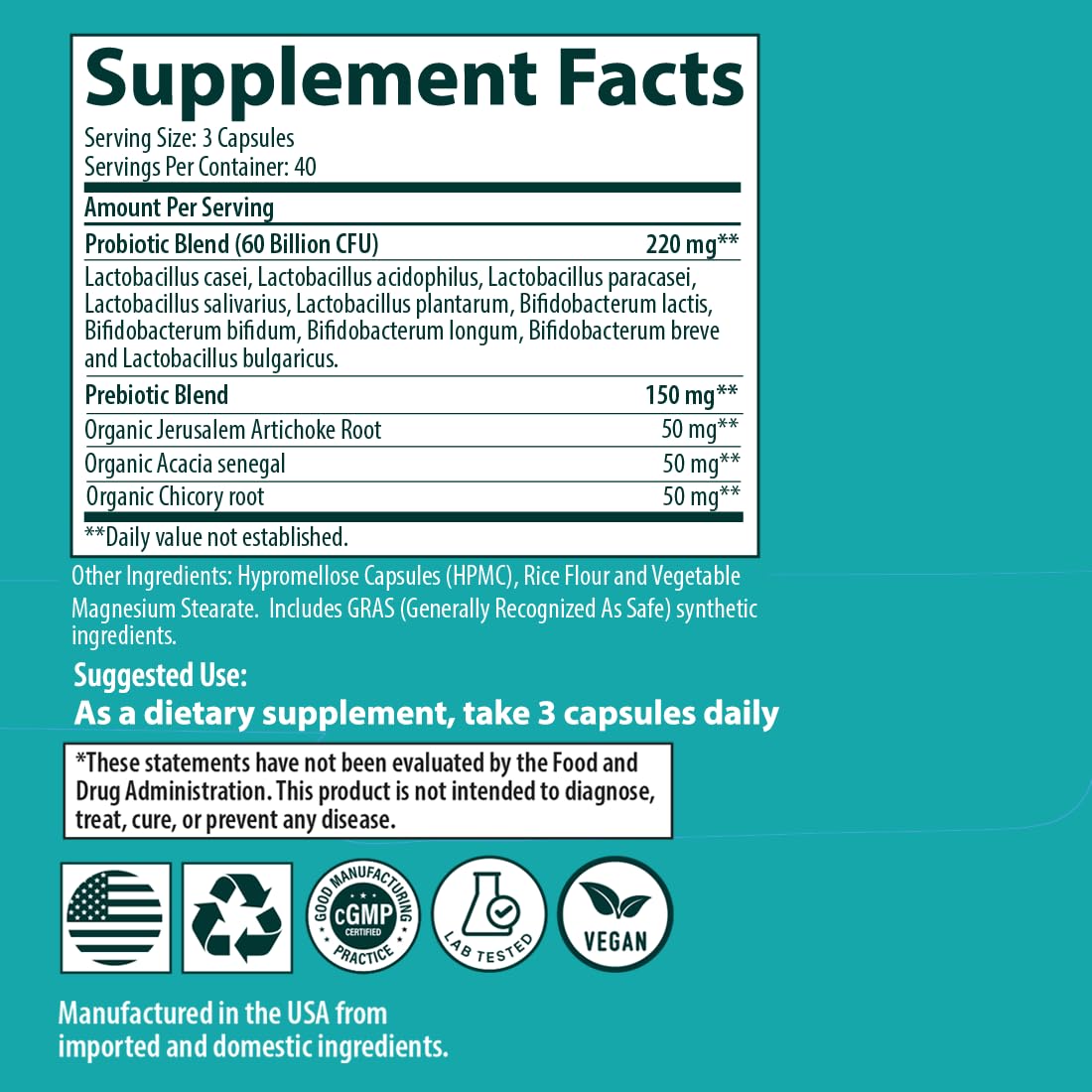Sanar Naturals Probiotics 60 Billion CFU – Support, Digestive & Gut Health - Probiotics for Women and Men - Vegan, Non-GMO, Gluten Free, 120 Capsules - dailyvitalstore