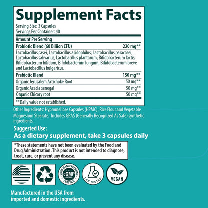 Sanar Naturals Probiotics 60 Billion CFU – Support, Digestive & Gut Health - Probiotics for Women and Men - Vegan, Non-GMO, Gluten Free, 120 Capsules - dailyvitalstore