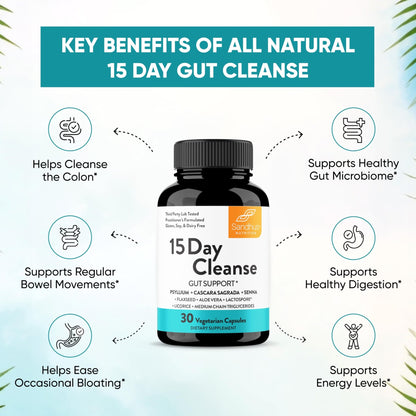 Sandhu's 15 Day Gut Cleanse Colon Detox for Women & Men| Supports Colon Cleansing & Digestive Health| Senna, Cascara Sagrada, Psyllium Husk & Probiotics - dailyvitalstore