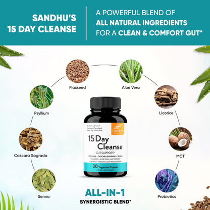 Sandhu's 15 Day Gut Cleanse Colon Detox for Women & Men| Supports Colon Cleansing & Digestive Health| Senna, Cascara Sagrada, Psyllium Husk & Probiotics - dailyvitalstore