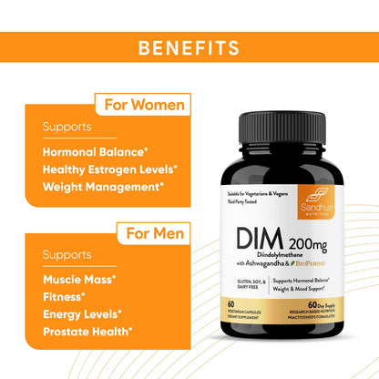 Sandhu's DIM Supplement 200 mg -60 Capsules - Diindolymethane with Ashwagandha & Bioperine Hormone Balance for Women & Men, Hormonal Acne Supplements - dailyvitalstore