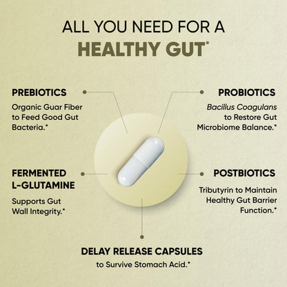 Sandhu's Gut Health - Prebiotic, Probiotic, Postbiotic & L-Glutamine | Digestive Health, Colon, Probiotic Total Supplements | 120 Delayed Release Capsules - dailyvitalstore