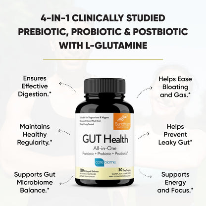 Sandhu's Gut Health - Prebiotic, Probiotic, Postbiotic & L-Glutamine | Digestive Health, Colon, Probiotic Total Supplements | 120 Delayed Release Capsules - dailyvitalstore