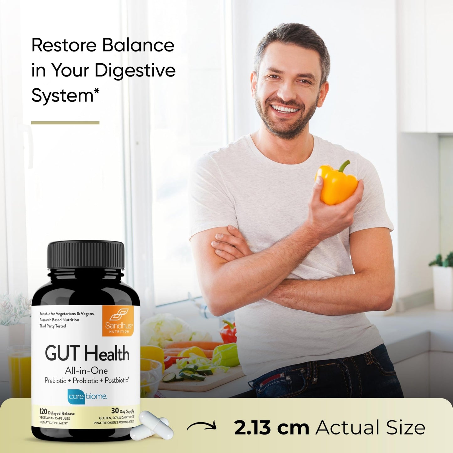 Sandhu's Gut Health - Prebiotic, Probiotic, Postbiotic & L-Glutamine | Digestive Health, Colon, Probiotic Total Supplements | 120 Delayed Release Capsules - dailyvitalstore