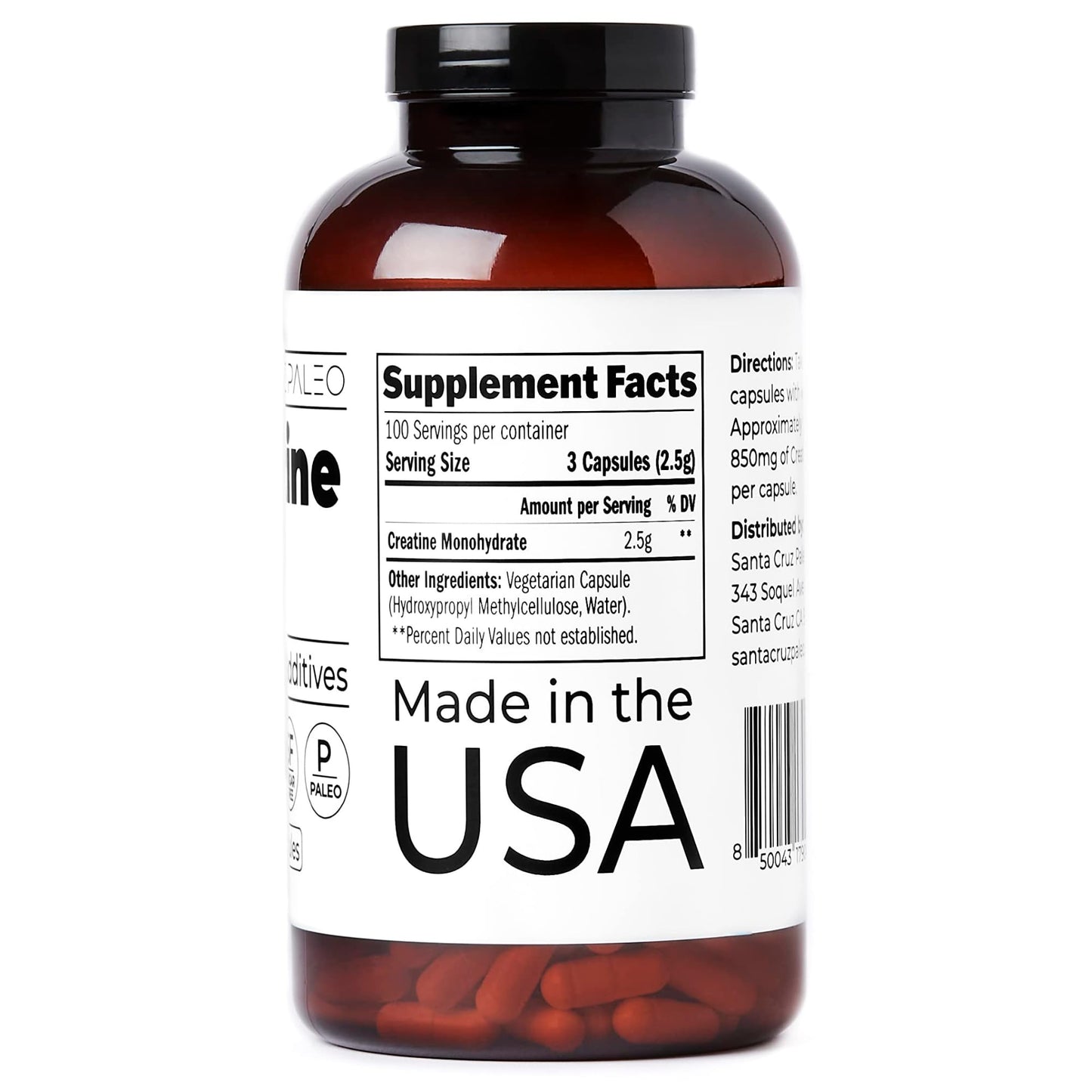 Santa Cruz Paleo Creatine Capsules, Supports Muscle Growth & Energy, Gluten Free, Keto, Sugar Free, Paleo, No Fillers or Additives, Creatine Monohydrate Pills, - dailyvitalstore