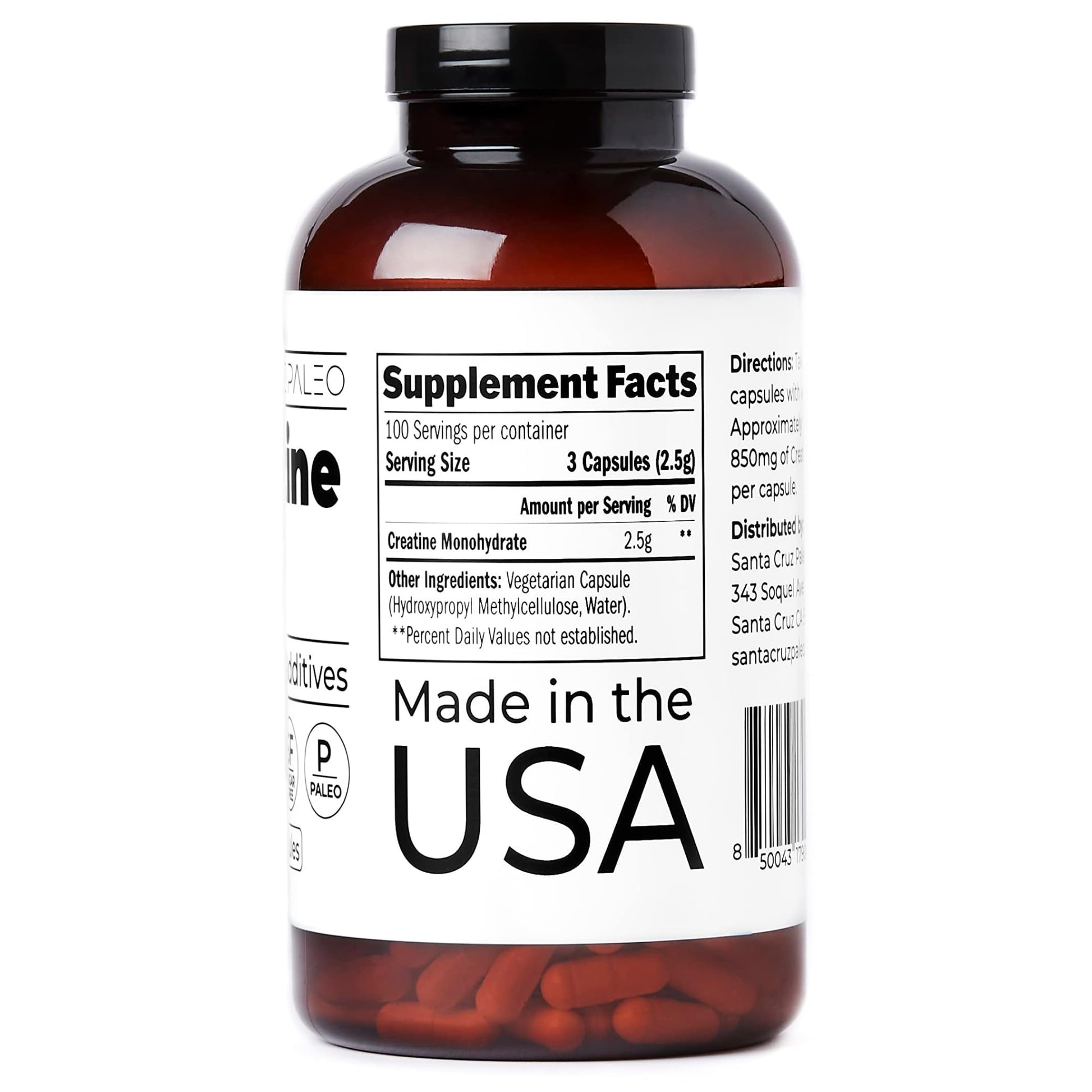 Santa Cruz Paleo Creatine Capsules, Supports Muscle Growth & Energy, Gluten Free, Keto, Sugar Free, Paleo, No Fillers or Additives, Creatine Monohydrate Pills, - dailyvitalstore