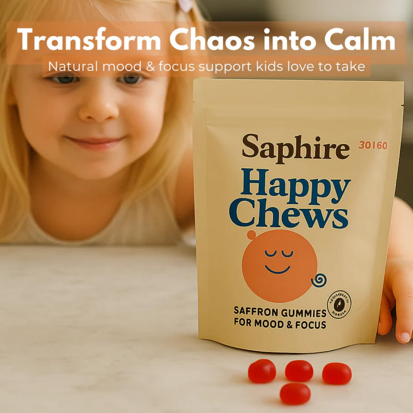 SAPHIRE HAPPY CHEWS Saffron Gummies for Kids | Supports Mood, Calm & Focus | Saffron Extract, Passionflower, St. John’s Wort & GABA - dailyvitalstore