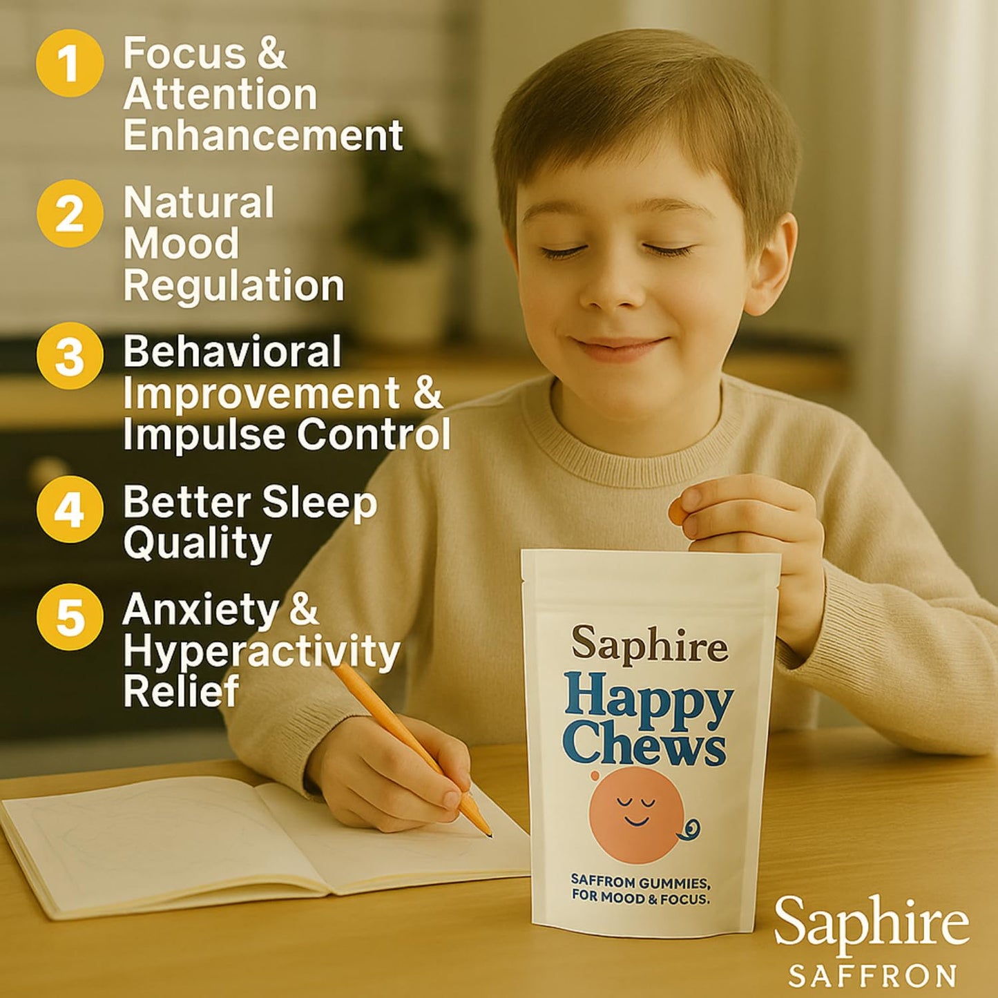 SAPHIRE HAPPY CHEWS Saffron Gummies for Kids | Supports Mood, Calm & Focus | Saffron Extract, Passionflower, St. John’s Wort & GABA - dailyvitalstore