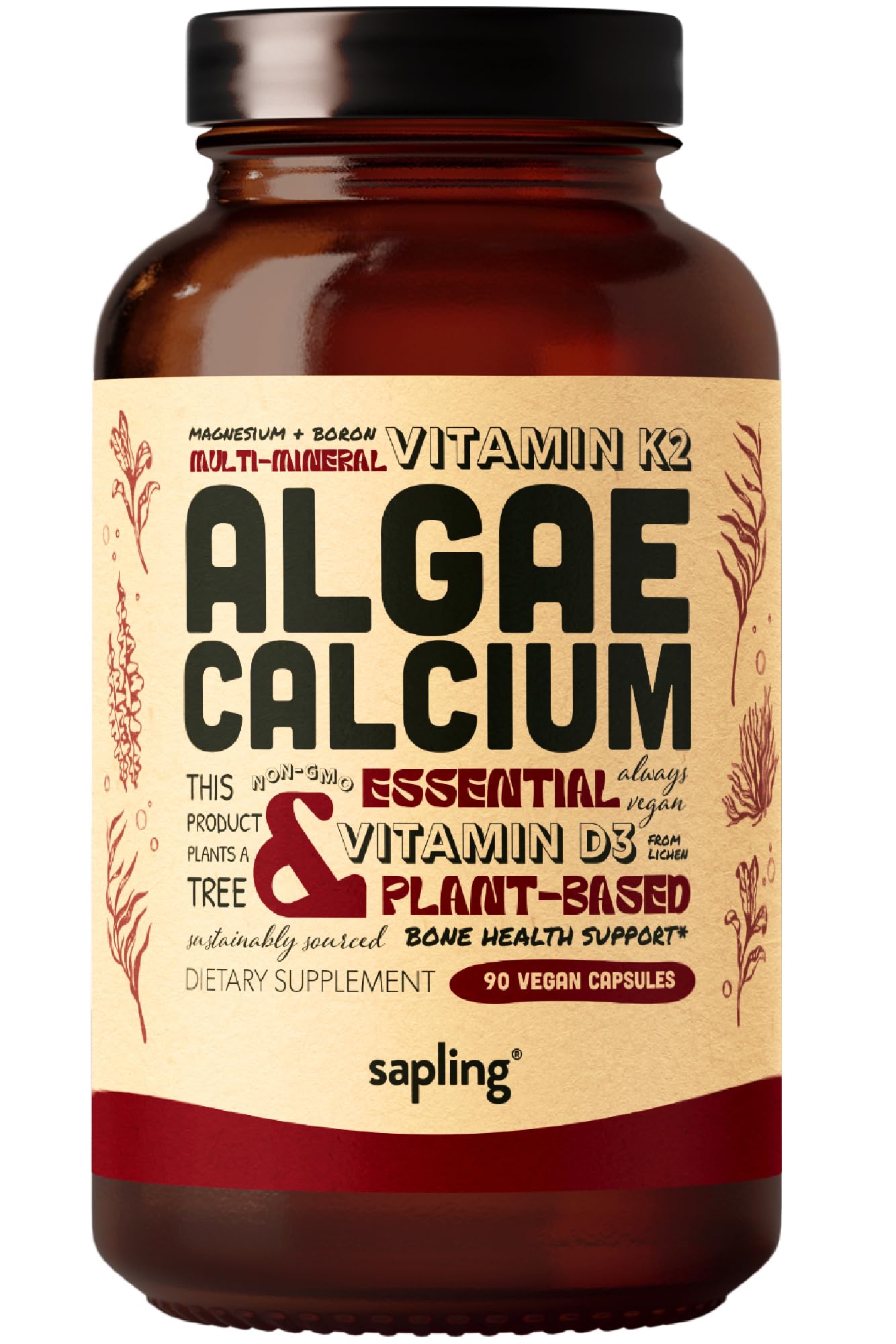 sapling Calcium Supplement - Whole Food with Vitamin K2 & D3, Magnesium, Zinc, Boron, Mineral Complex. Sourced Sustainably from Red Algae. for Bone Strength - dailyvitalstore
