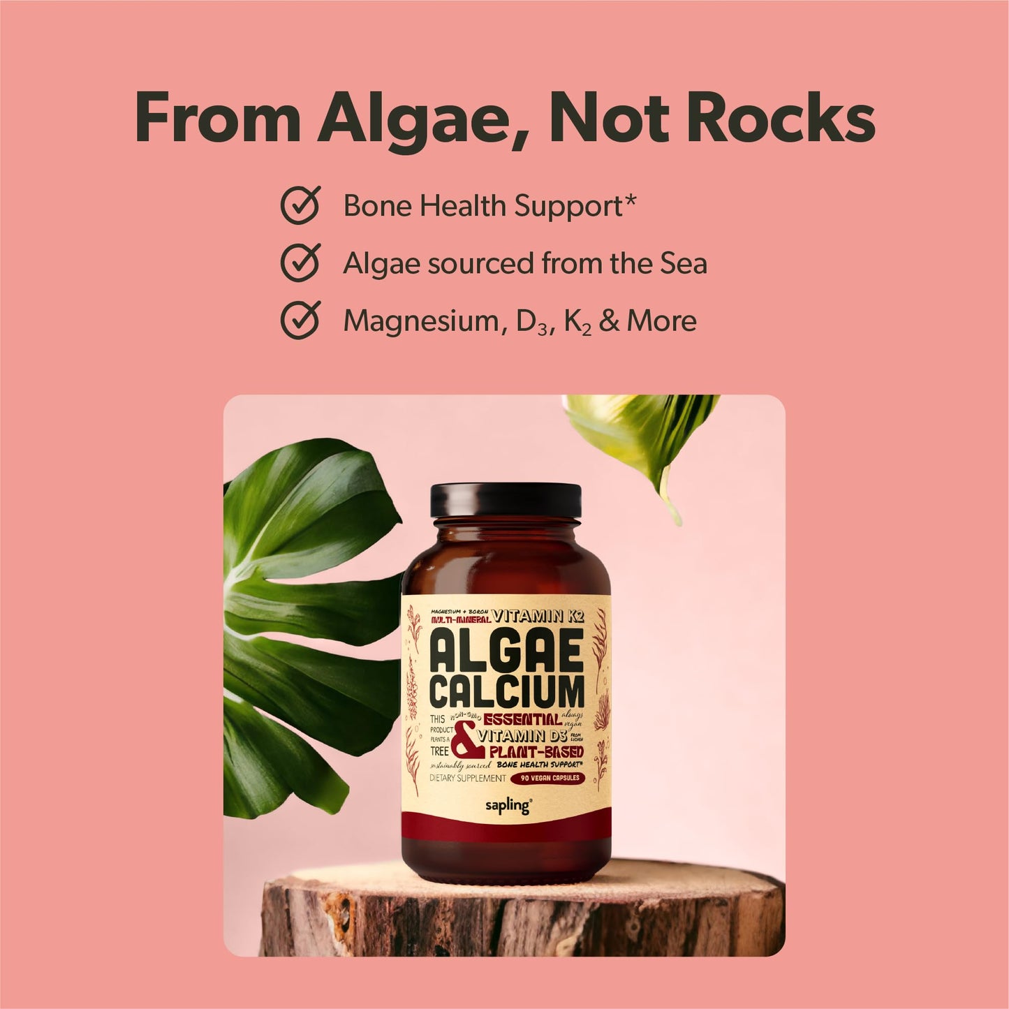 sapling Calcium Supplement - Whole Food with Vitamin K2 & D3, Magnesium, Zinc, Boron, Mineral Complex. Sourced Sustainably from Red Algae. for Bone Strength - dailyvitalstore