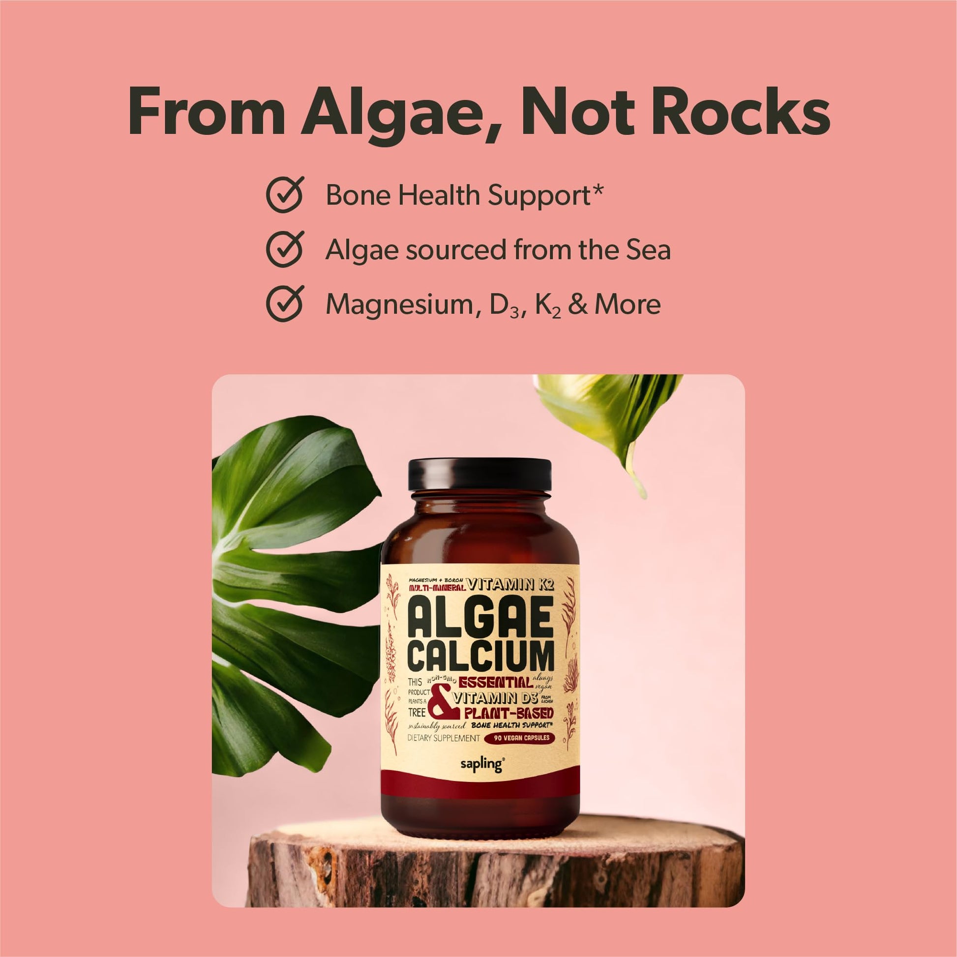 sapling Calcium Supplement - Whole Food with Vitamin K2 & D3, Magnesium, Zinc, Boron, Mineral Complex. Sourced Sustainably from Red Algae. for Bone Strength - dailyvitalstore