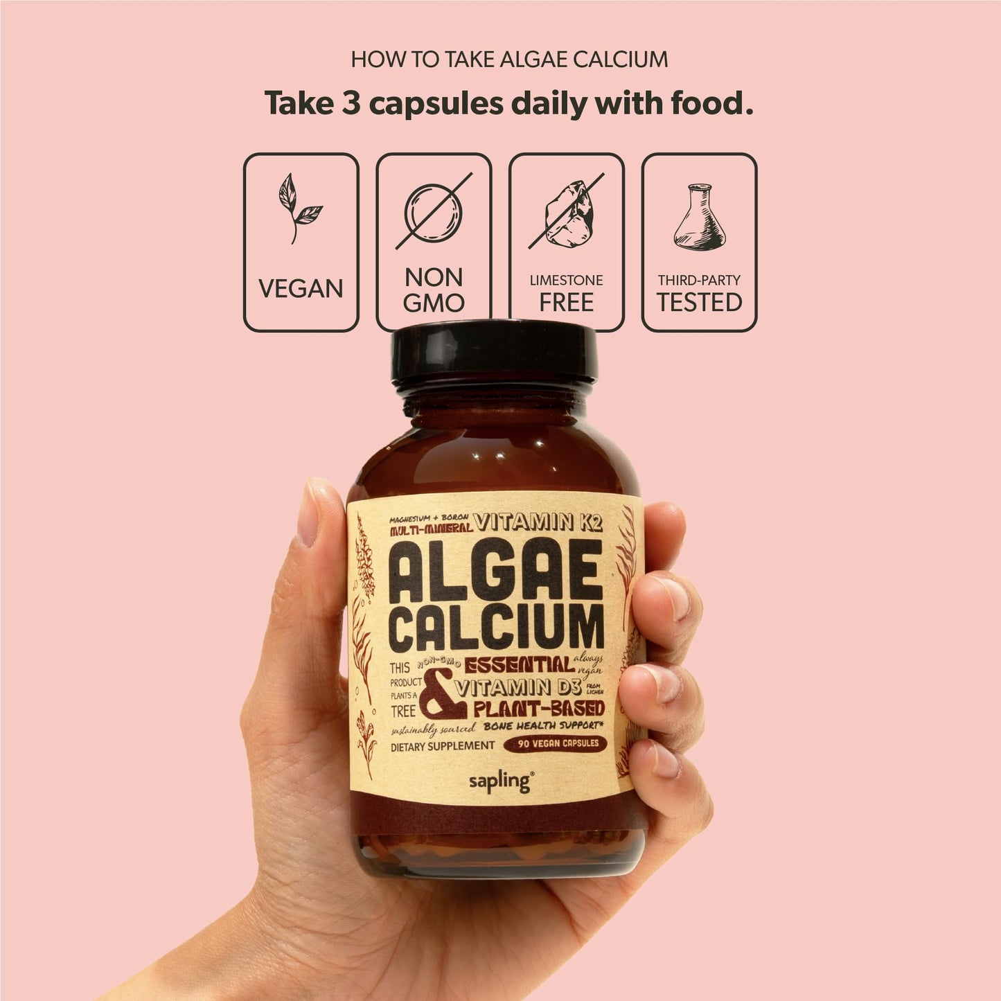 sapling Calcium Supplement - Whole Food with Vitamin K2 & D3, Magnesium, Zinc, Boron, Mineral Complex. Sourced Sustainably from Red Algae. for Bone Strength - dailyvitalstore