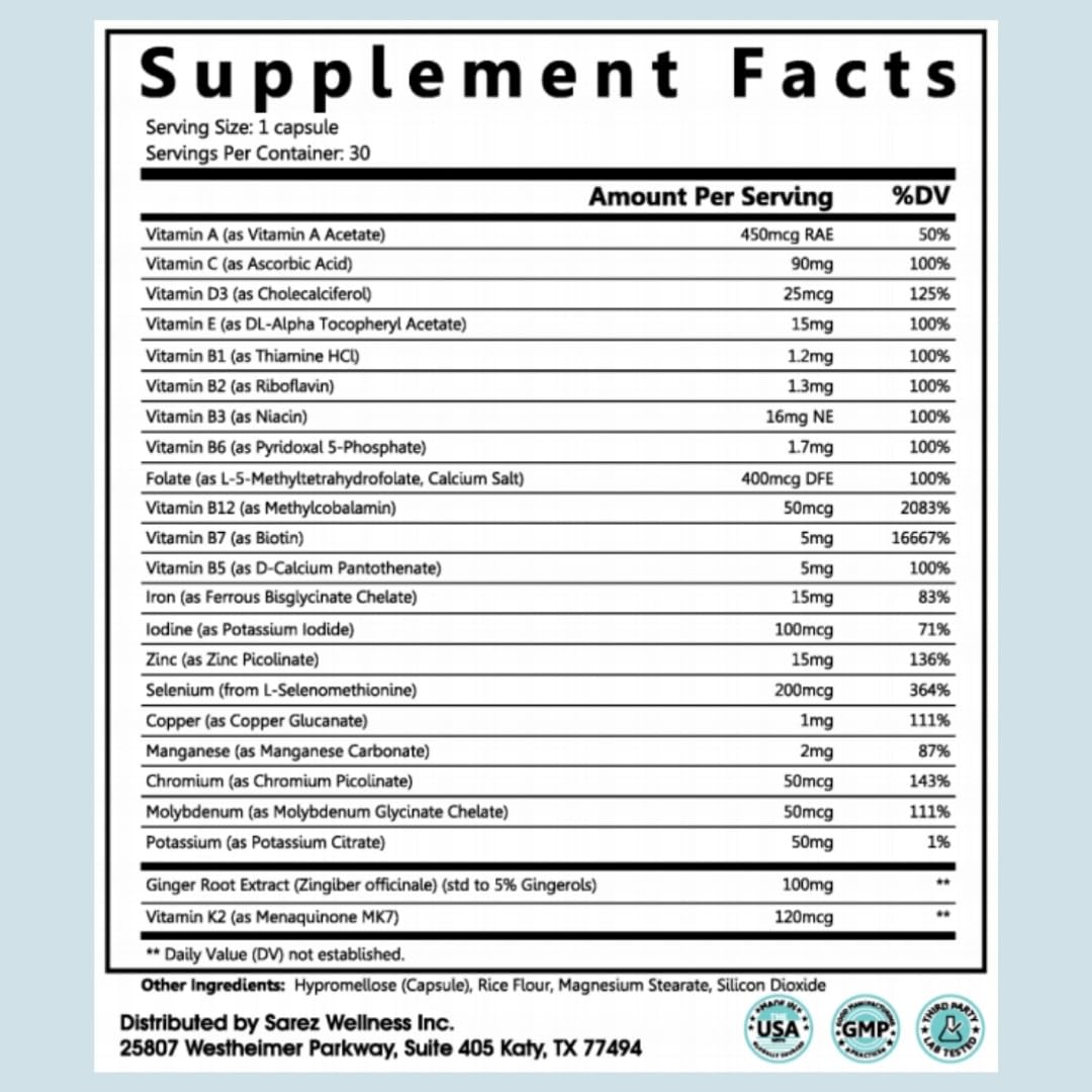 Sarez Support Capsules — Methylated Vitamins & Chelated Minerals — Energy, Metabolism, Hair & Daily Nutrient Support — with Ginger for Nausea — Gentle on Stomach — 30 Day Supply - dailyvitalstore