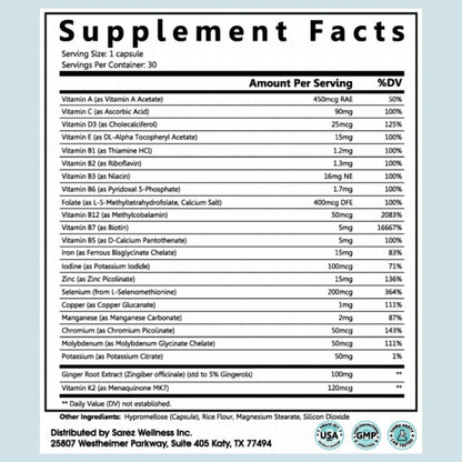 Sarez Support Capsules — Methylated Vitamins & Chelated Minerals — Energy, Metabolism, Hair & Daily Nutrient Support — with Ginger for Nausea — Gentle on Stomach — 30 Day Supply - dailyvitalstore