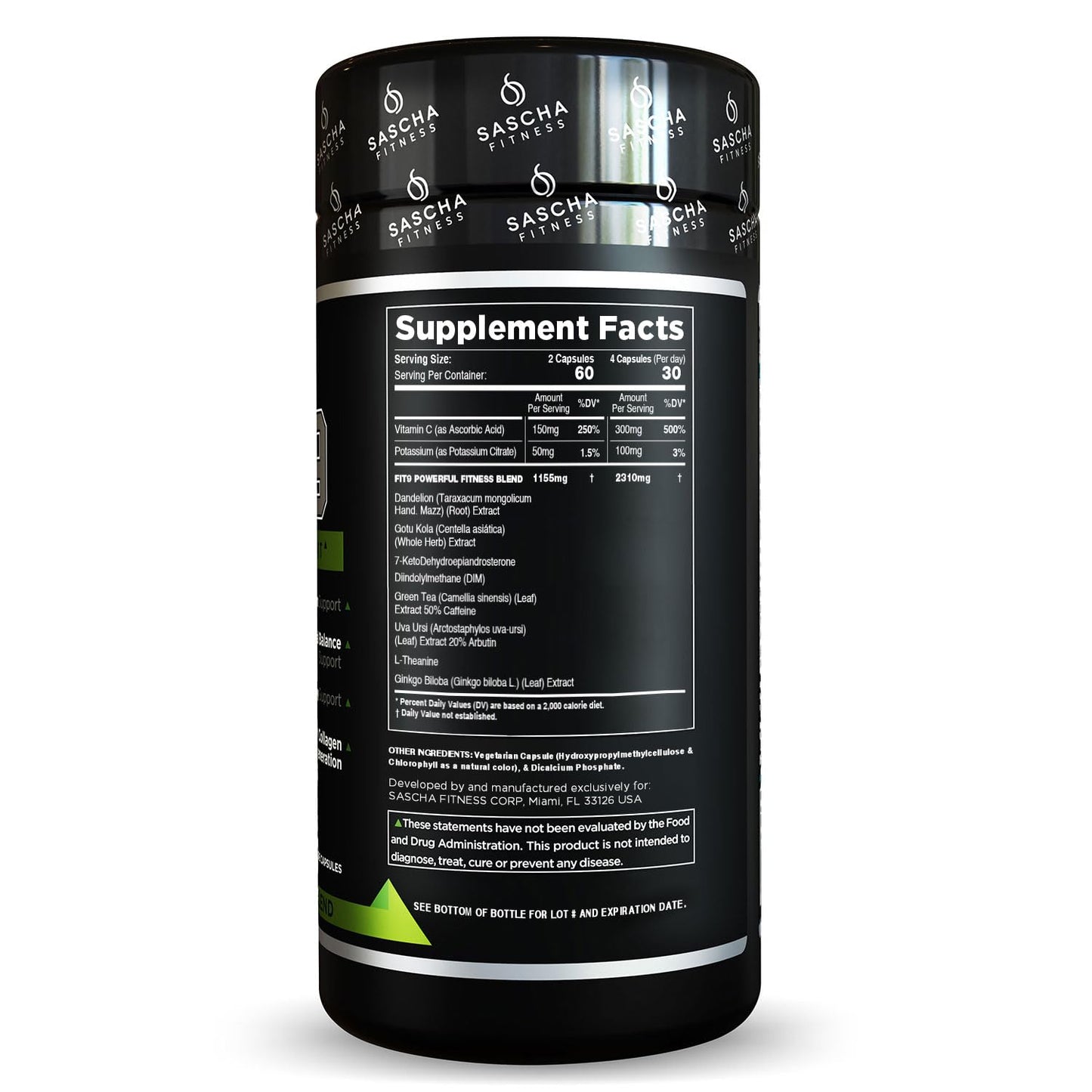 Sascha Fitness Fat Loss pills | Collagen support | Fluid Balance | FIT9 Ingredients: 7Keto + Uva Ursi, Gotu Kola, L-Theanine,Gingko Biloba,DIM,Green Tea | Weight Loss Supplements-Vegan-120 Natural Cap - dailyvitalstore