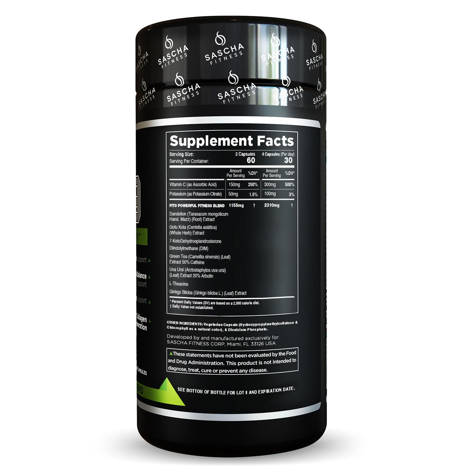 Sascha Fitness Fat Loss pills | Collagen support | Fluid Balance | FIT9 Ingredients: 7Keto + Uva Ursi, Gotu Kola, L-Theanine,Gingko Biloba,DIM,Green Tea | Weight Loss Supplements-Vegan-120 Natural Cap - dailyvitalstore