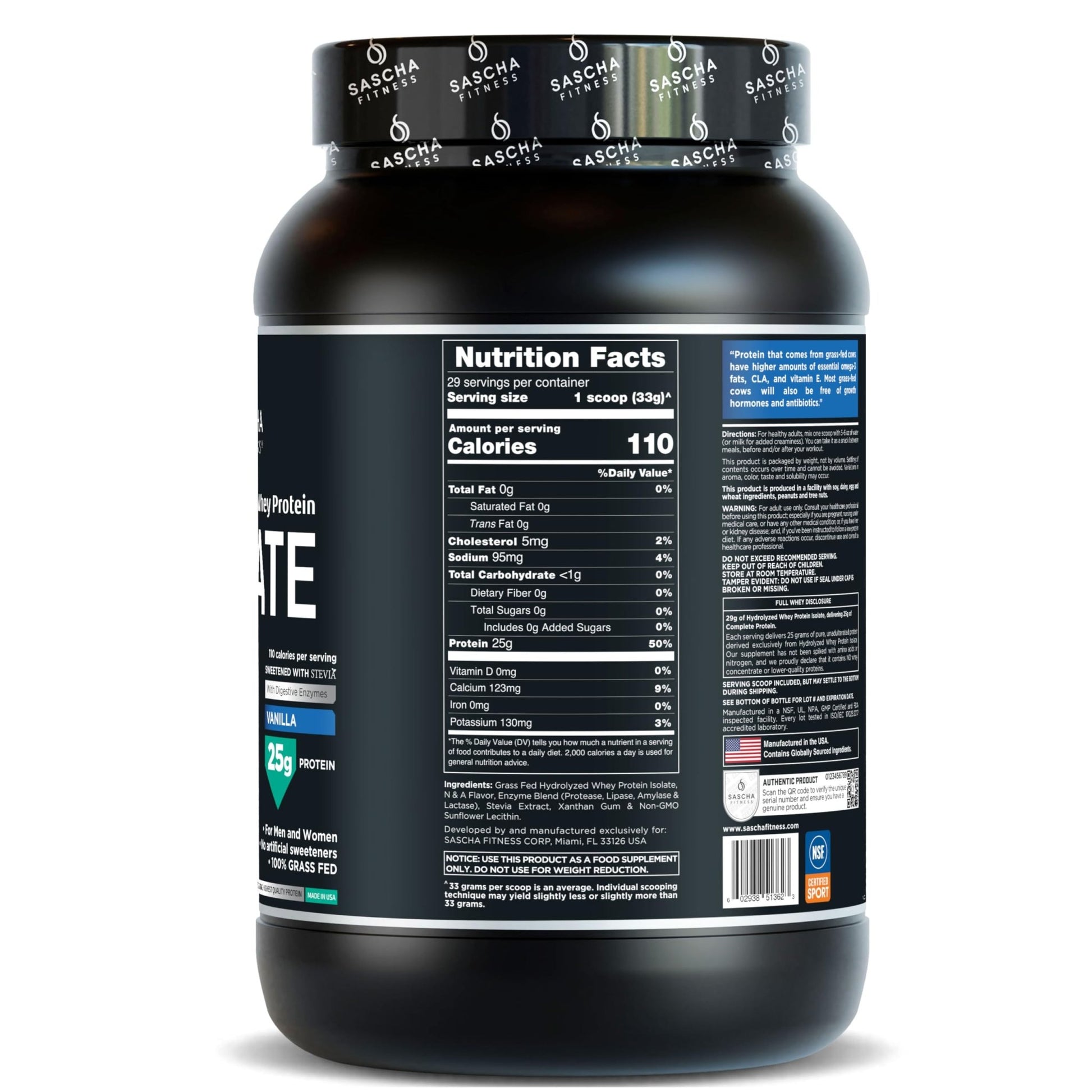 SASCHA FITNESS Hydrolyzed Whey Protein Isolate,100% Grass-Fed (2 Pounds, Vanilla) - dailyvitalstore