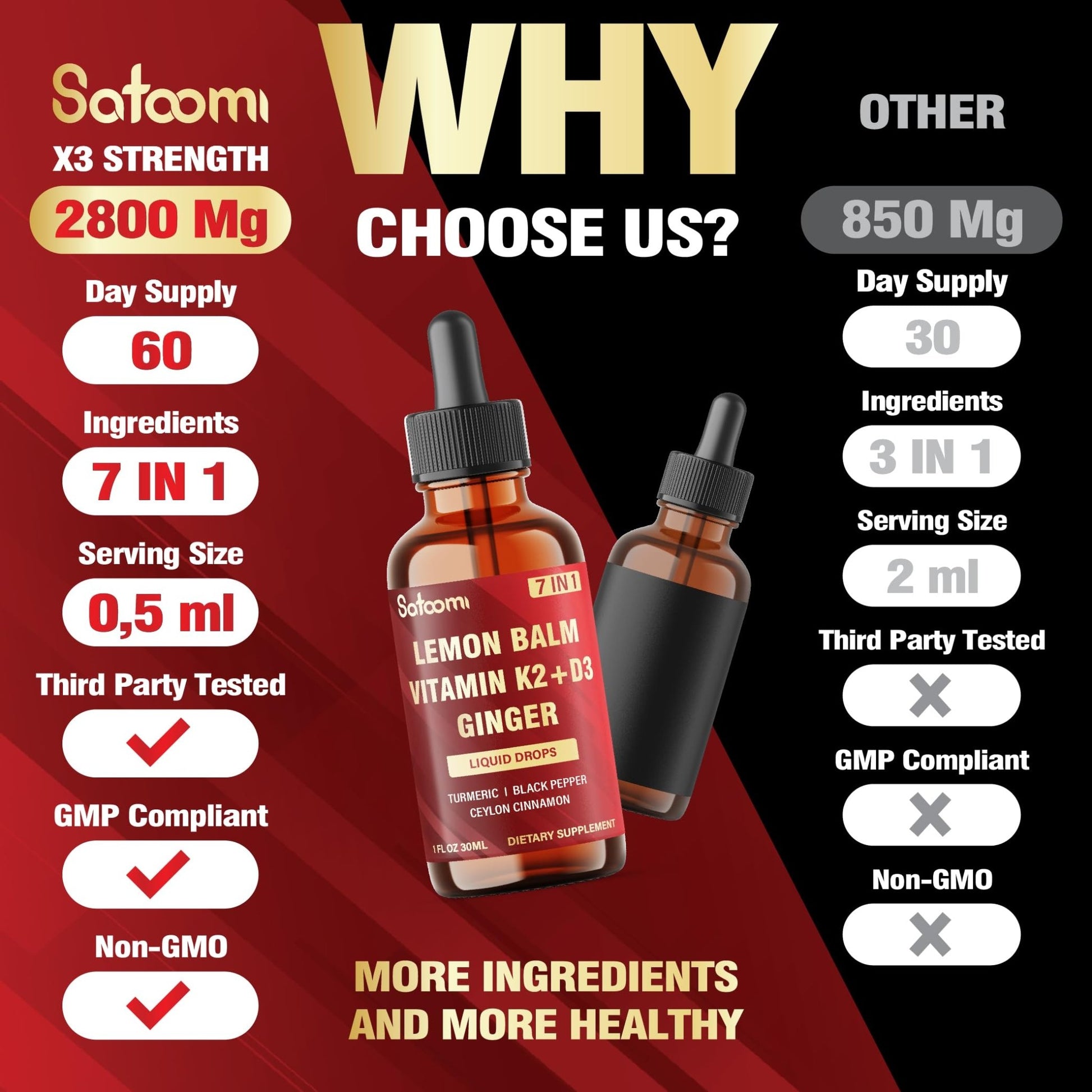 Satoomi 7in1 Lemon Balm Tincture with Vitamin D3, Vitamin K2, Ginger Root, Turmeric, Ceylon Cinnamon and Black Pepper - 1 FL Oz - 60 Day Supply - dailyvitalstore