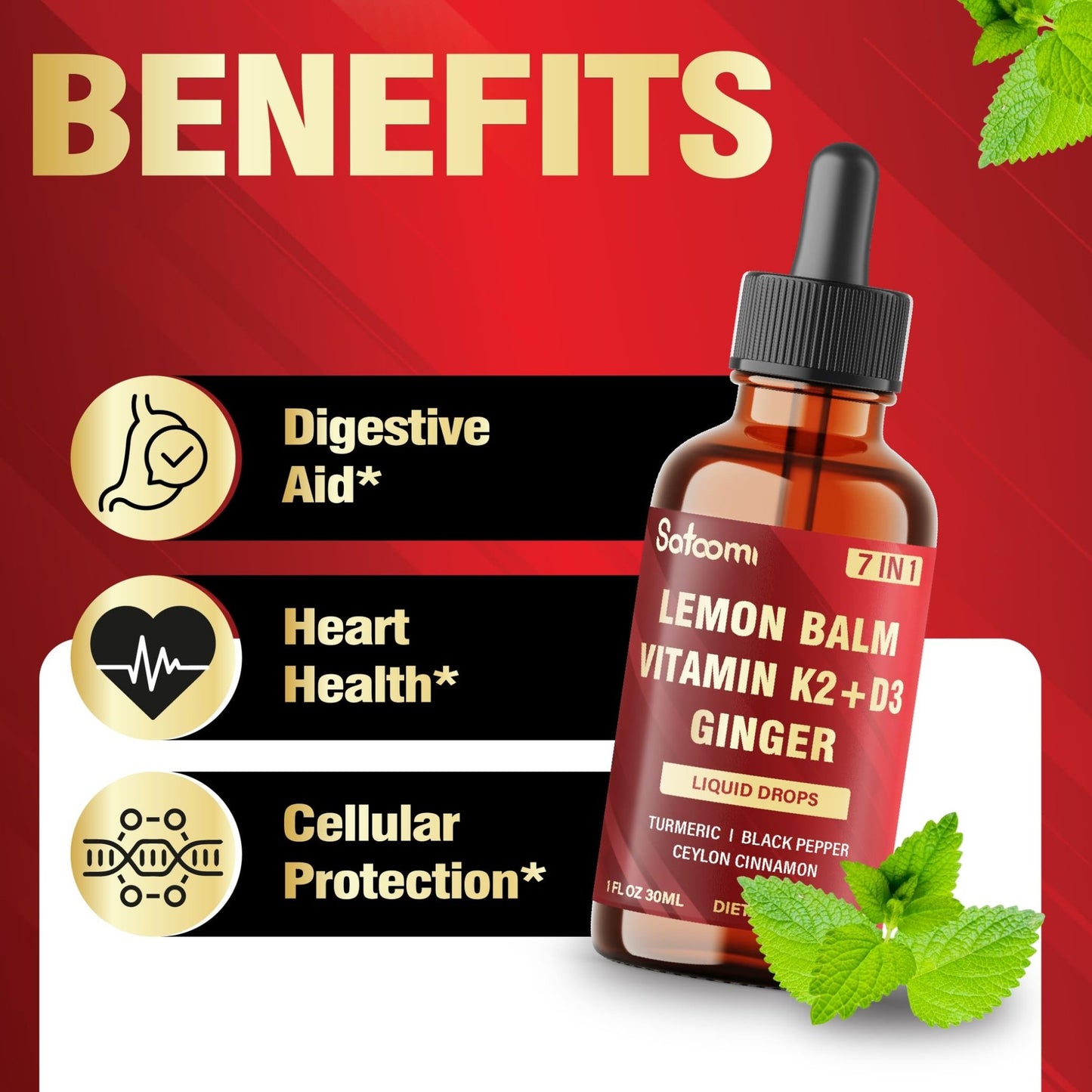 Satoomi 7in1 Lemon Balm Tincture with Vitamin D3, Vitamin K2, Ginger Root, Turmeric, Ceylon Cinnamon and Black Pepper - 1 FL Oz - 60 Day Supply - dailyvitalstore