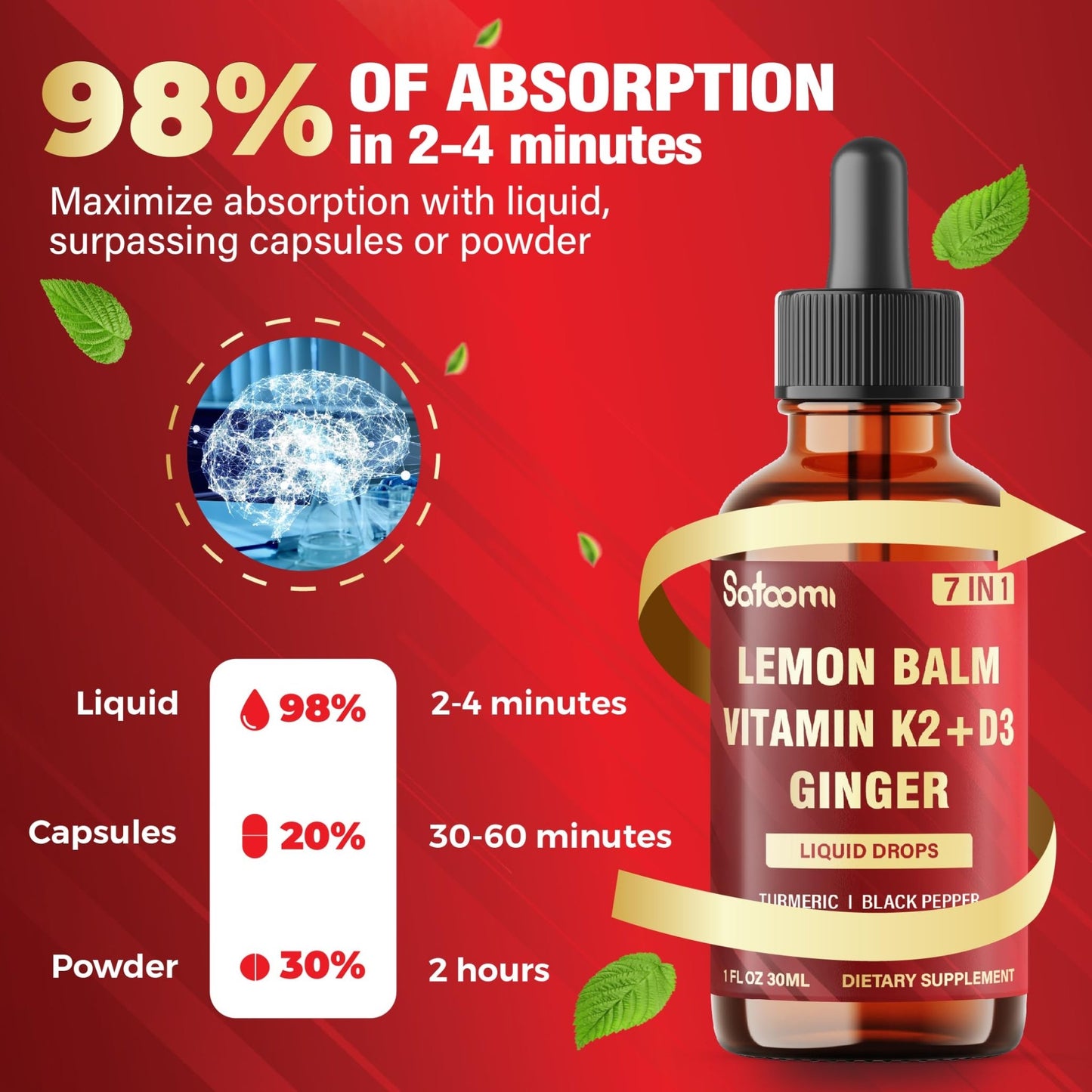 Satoomi 7in1 Lemon Balm Tincture with Vitamin D3, Vitamin K2, Ginger Root, Turmeric, Ceylon Cinnamon and Black Pepper - 1 FL Oz - 60 Day Supply - dailyvitalstore