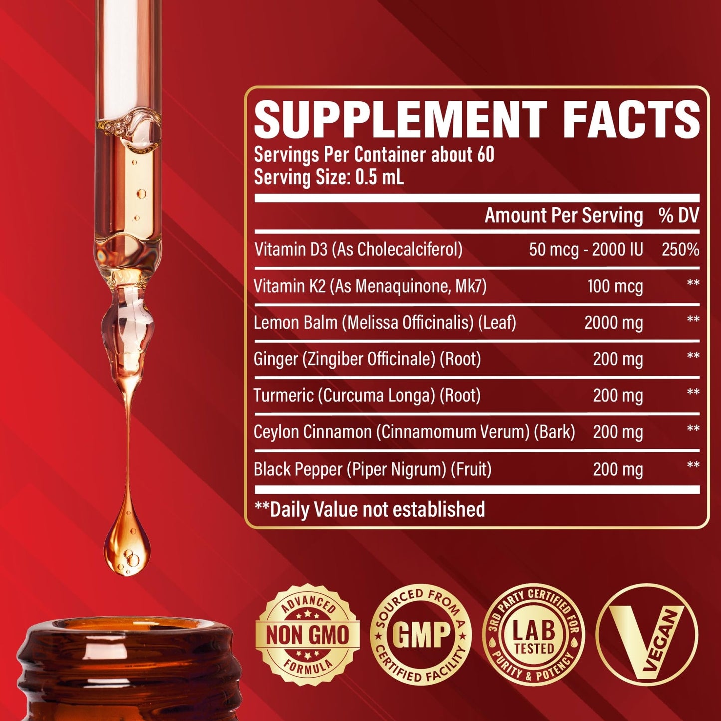 Satoomi 7in1 Lemon Balm Tincture with Vitamin D3, Vitamin K2, Ginger Root, Turmeric, Ceylon Cinnamon and Black Pepper - 1 FL Oz - 60 Day Supply - dailyvitalstore