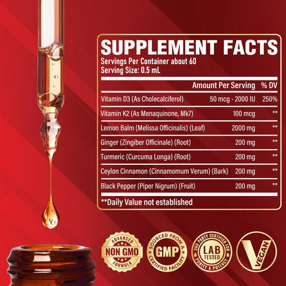 Satoomi 7in1 Lemon Balm Tincture with Vitamin D3, Vitamin K2, Ginger Root, Turmeric, Ceylon Cinnamon and Black Pepper - 1 FL Oz - 60 Day Supply - dailyvitalstore