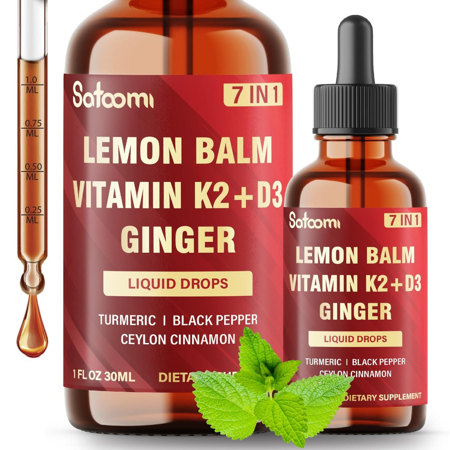 Satoomi 7in1 Lemon Balm Tincture with Vitamin D3, Vitamin K2, Ginger Root, Turmeric, Ceylon Cinnamon and Black Pepper - 1 FL Oz - 60 Day Supply - dailyvitalstore