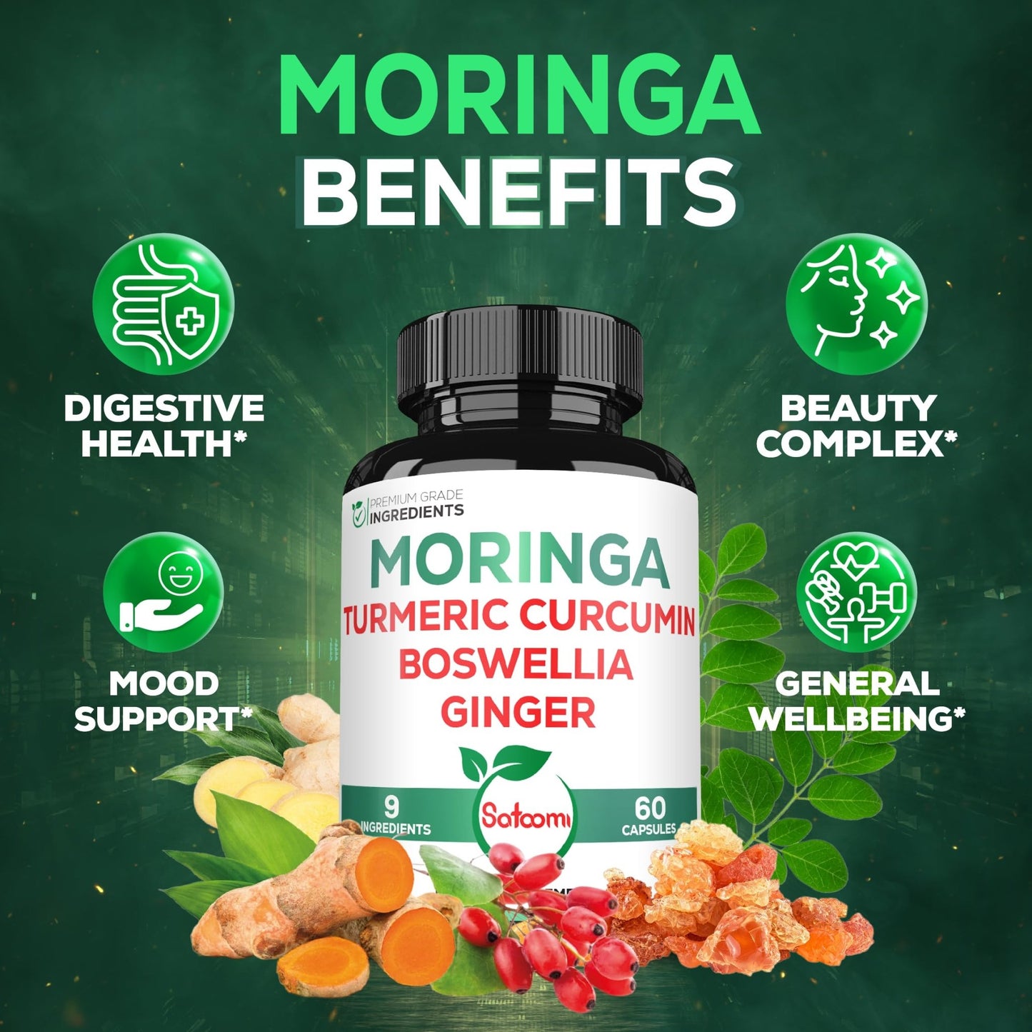 Satoomi 9in1 Moringa Capsules - Featuring Moringa, Turmeric, Boswellia, Ginger, Ashwagandha, Ceylon Cinnamon and Milk Thistle, and Resveratrol | Support Mood, Heart & Overall Health - 60 Count - dailyvitalstore