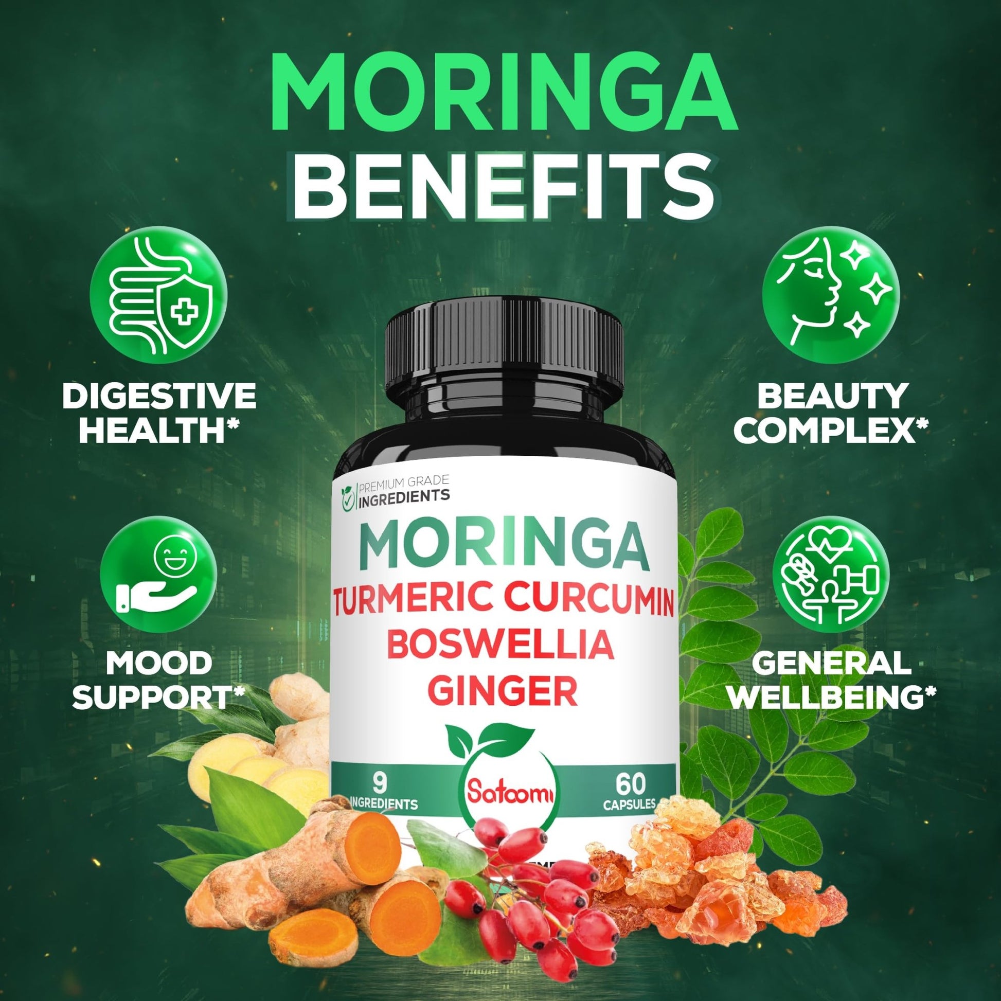 Satoomi 9in1 Moringa Capsules - Featuring Moringa, Turmeric, Boswellia, Ginger, Ashwagandha, Ceylon Cinnamon and Milk Thistle, and Resveratrol | Support Mood, Heart & Overall Health - 60 Count - dailyvitalstore