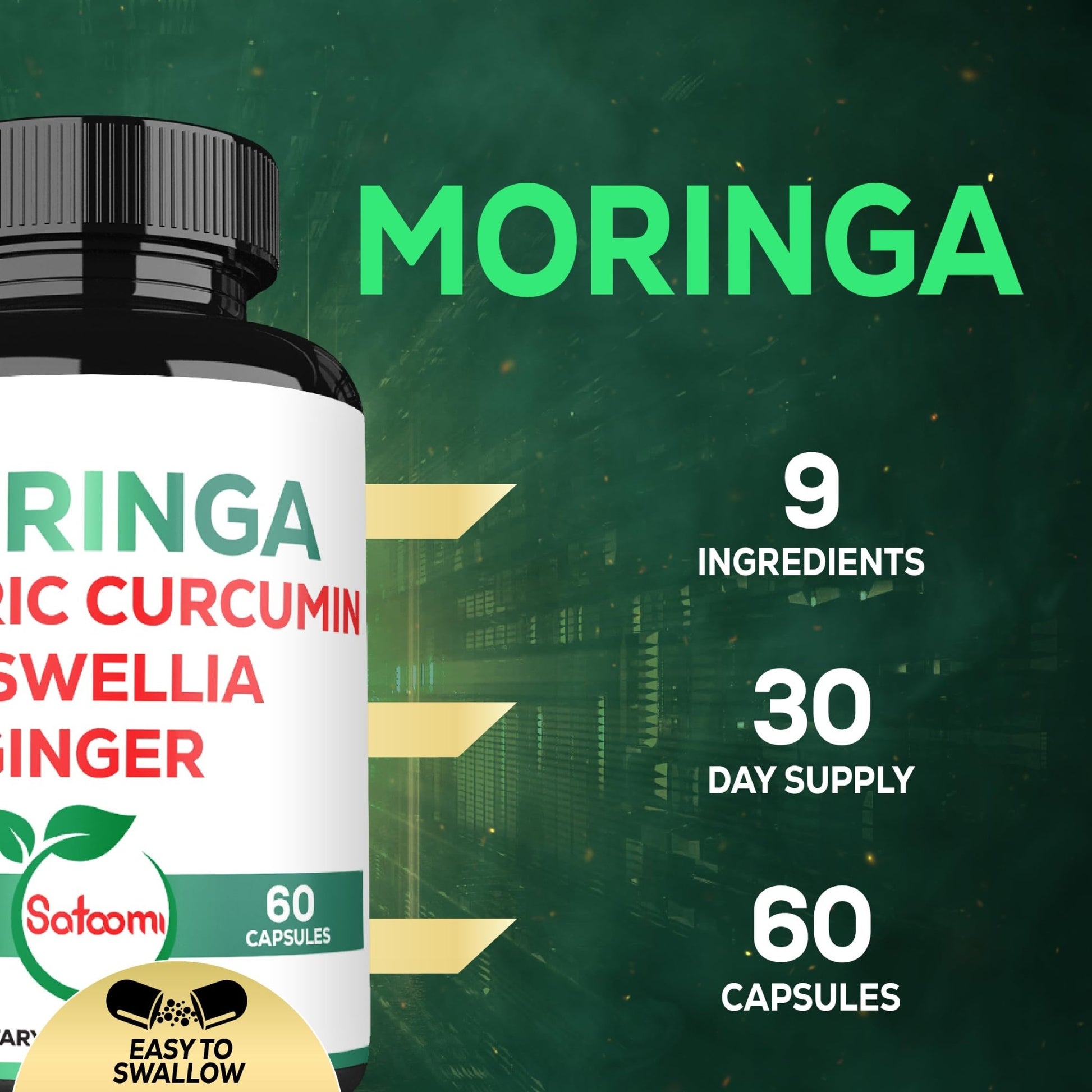 Satoomi 9in1 Moringa Capsules - Featuring Moringa, Turmeric, Boswellia, Ginger, Ashwagandha, Ceylon Cinnamon and Milk Thistle, and Resveratrol | Support Mood, Heart & Overall Health - 60 Count - dailyvitalstore