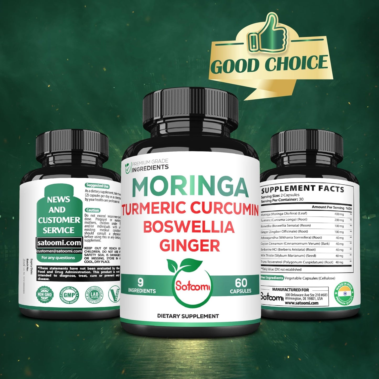 Satoomi 9in1 Moringa Capsules - Featuring Moringa, Turmeric, Boswellia, Ginger, Ashwagandha, Ceylon Cinnamon and Milk Thistle, and Resveratrol | Support Mood, Heart & Overall Health - 60 Count - dailyvitalstore