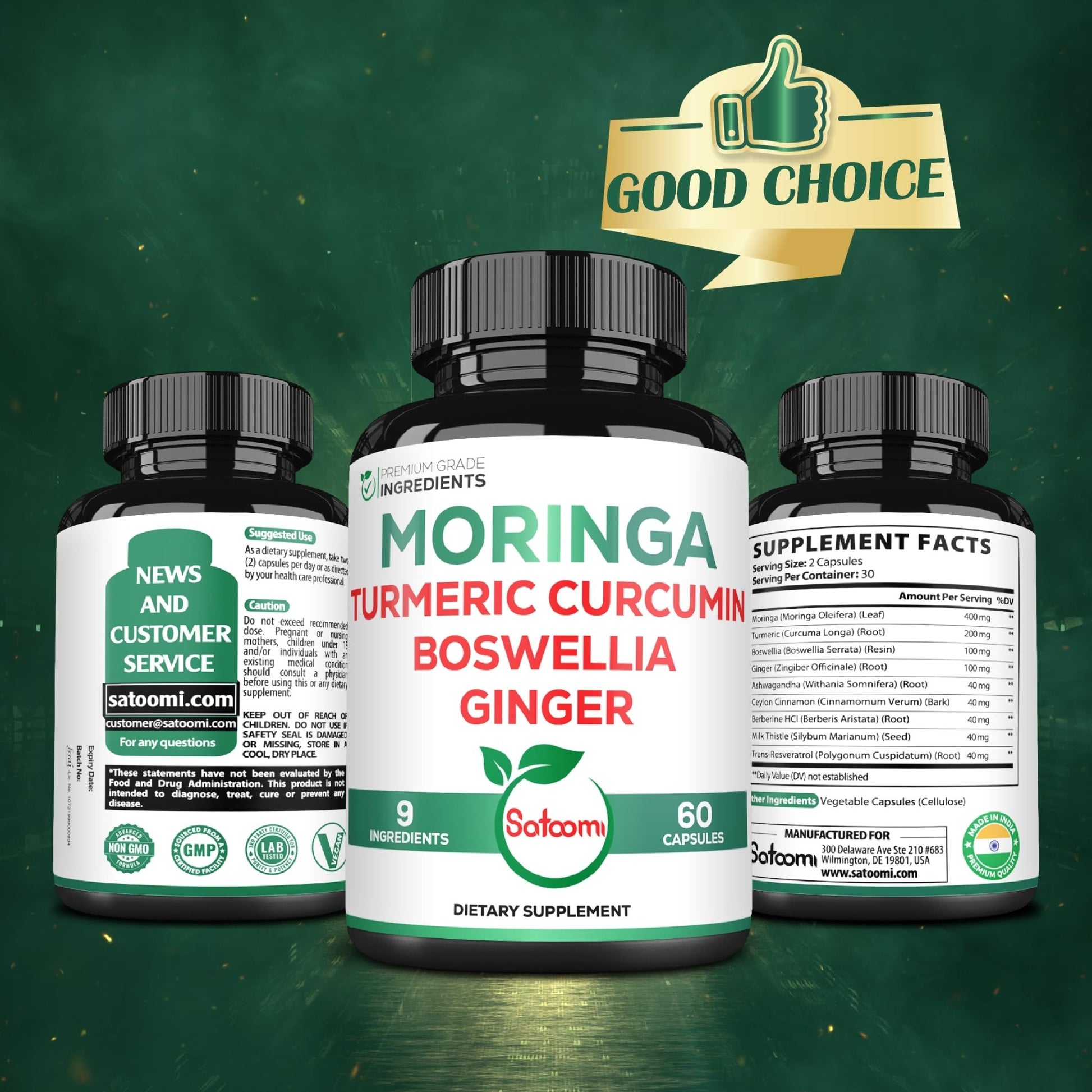 Satoomi 9in1 Moringa Capsules - Featuring Moringa, Turmeric, Boswellia, Ginger, Ashwagandha, Ceylon Cinnamon and Milk Thistle, and Resveratrol | Support Mood, Heart & Overall Health - 60 Count - dailyvitalstore