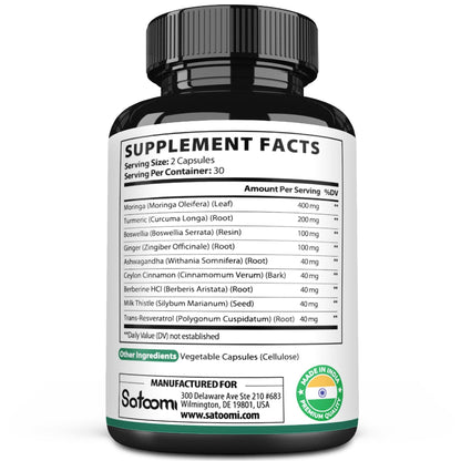 Satoomi 9in1 Moringa Capsules - Featuring Moringa, Turmeric, Boswellia, Ginger, Ashwagandha, Ceylon Cinnamon and Milk Thistle, and Resveratrol | Support Mood, Heart & Overall Health - 60 Count - dailyvitalstore