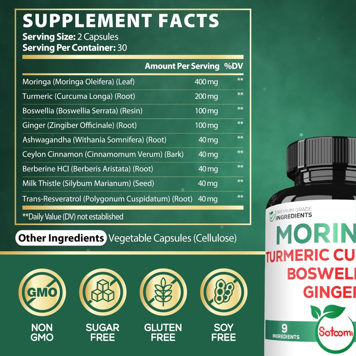 Satoomi 9in1 Moringa Capsules - Featuring Moringa, Turmeric, Boswellia, Ginger, Ashwagandha, Ceylon Cinnamon and Milk Thistle, and Resveratrol | Support Mood, Heart & Overall Health - 60 Count - dailyvitalstore