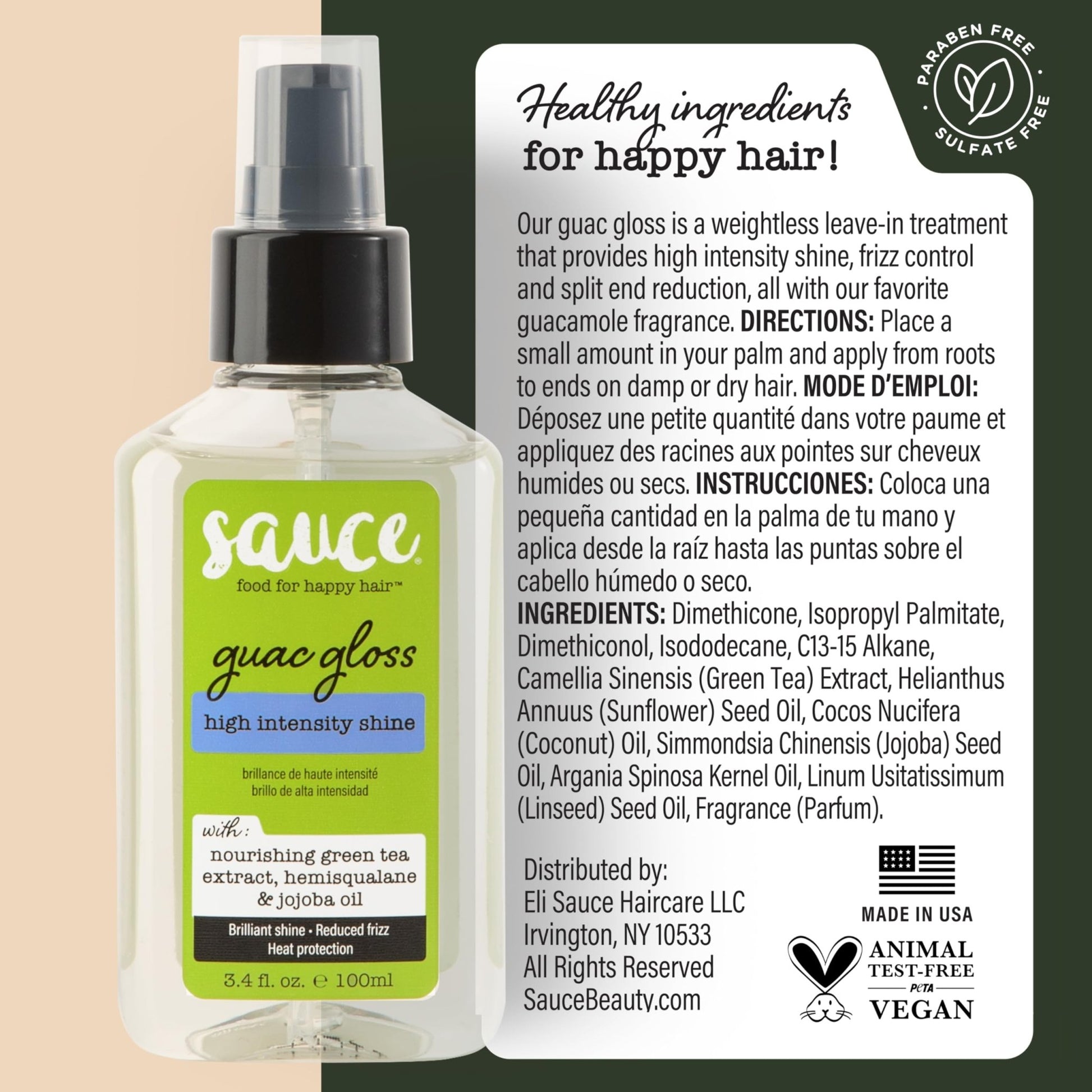 SAUCE BEAUTY Guac Hair Gloss, 3 Fl Oz High Intensity Shine, Jojoba Oil, Green Tea Extract & Squalane to Smooth, Boost Shine & Control Frizz for Sleeker, Softer, More Manageable Hair, Vegan Formula - dailyvitalstore
