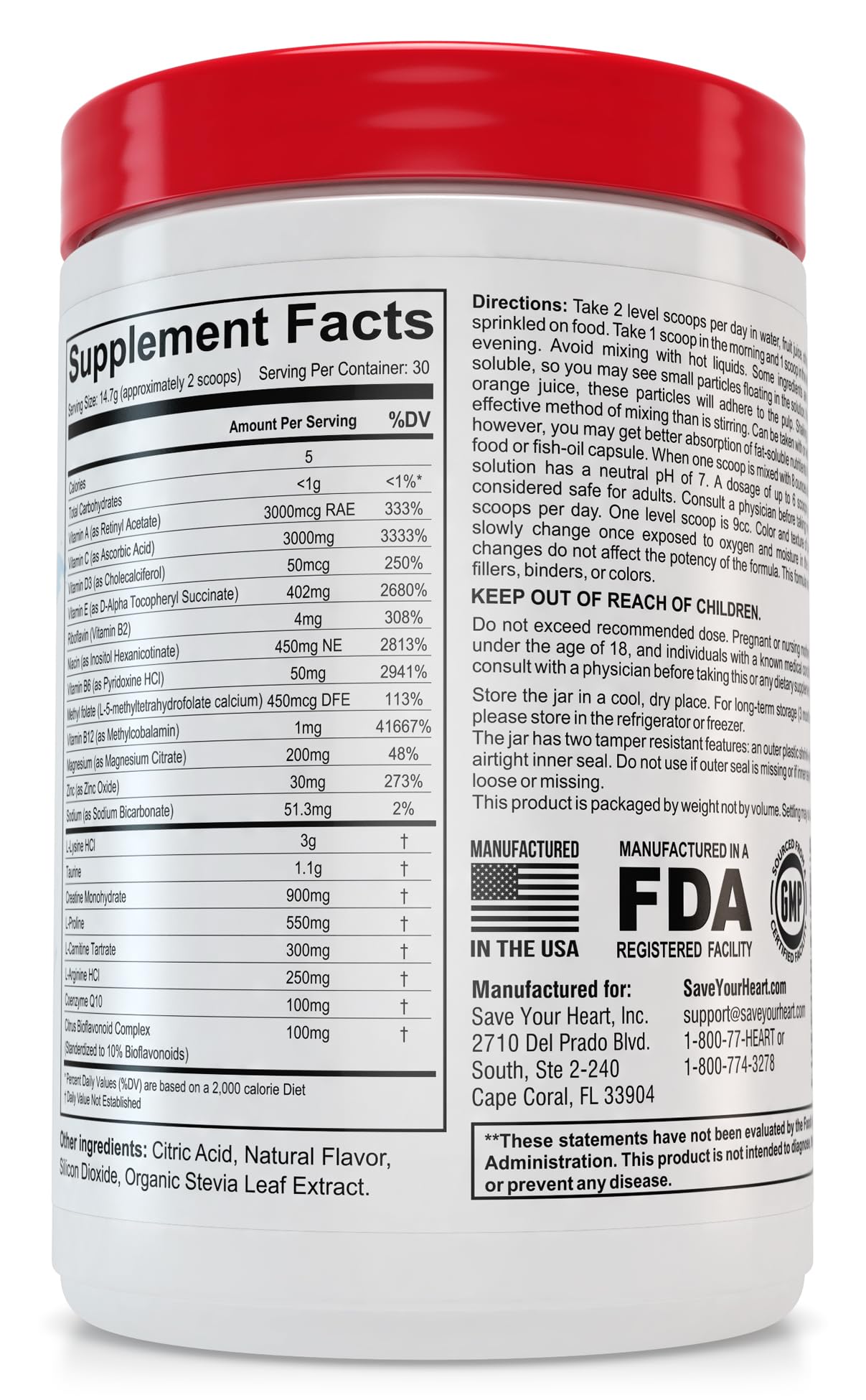 SAVE YOUR HEART Cardio Heart Health Powder Supplement - The Pauling Therapy Essentials Formula (PTEF) Healthy Vitamin C, B-12, L-Lysine, L-Arginine, Magnesium, Zinc + Vitamins, Minerals & Antioxidants - dailyvitalstore