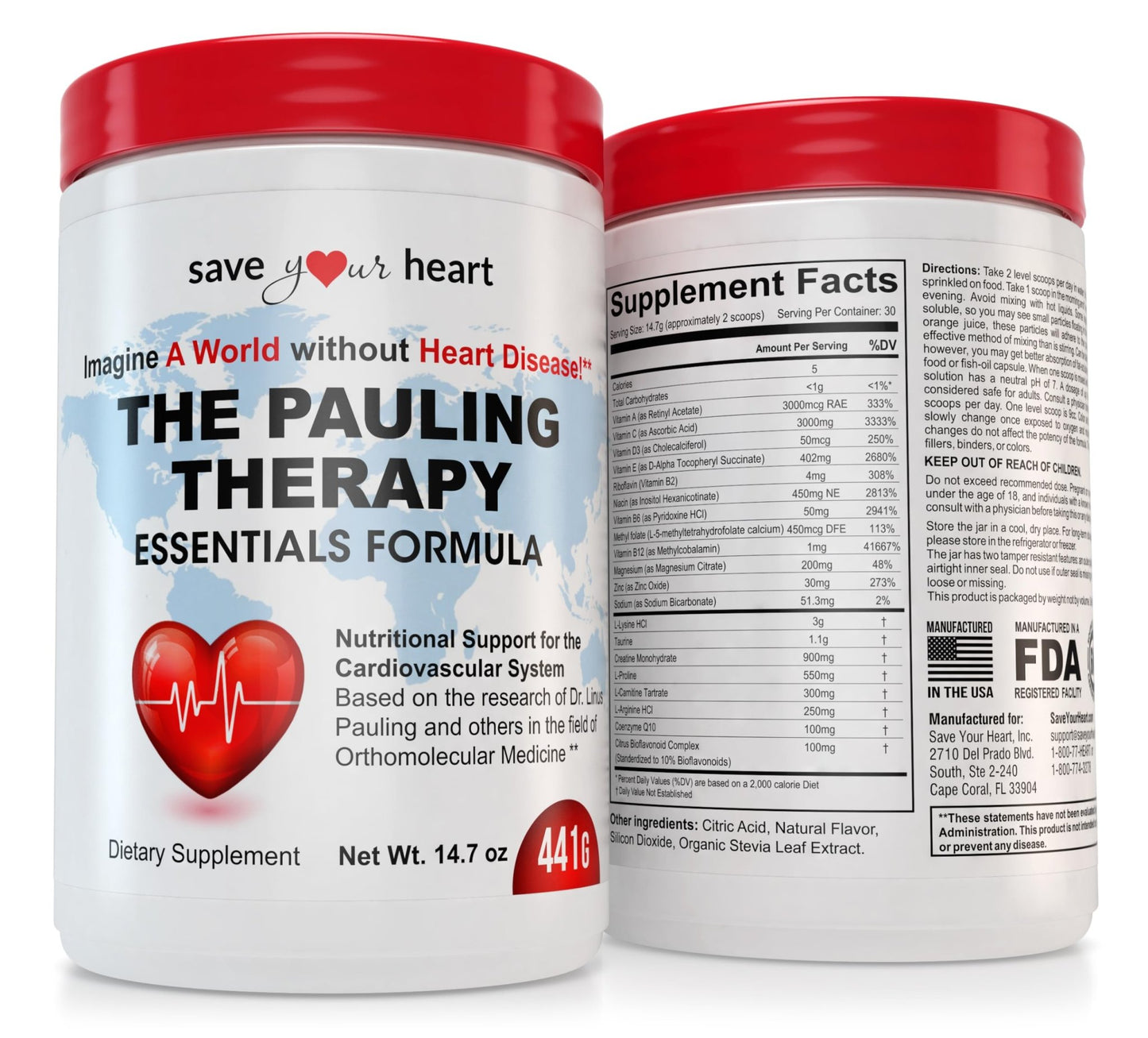 SAVE YOUR HEART Cardio Heart Health Powder Supplement - The Pauling Therapy Essentials Formula (PTEF) Healthy Vitamin C, B-12, L-Lysine, L-Arginine, Magnesium, Zinc + Vitamins, Minerals & Antioxidants - dailyvitalstore