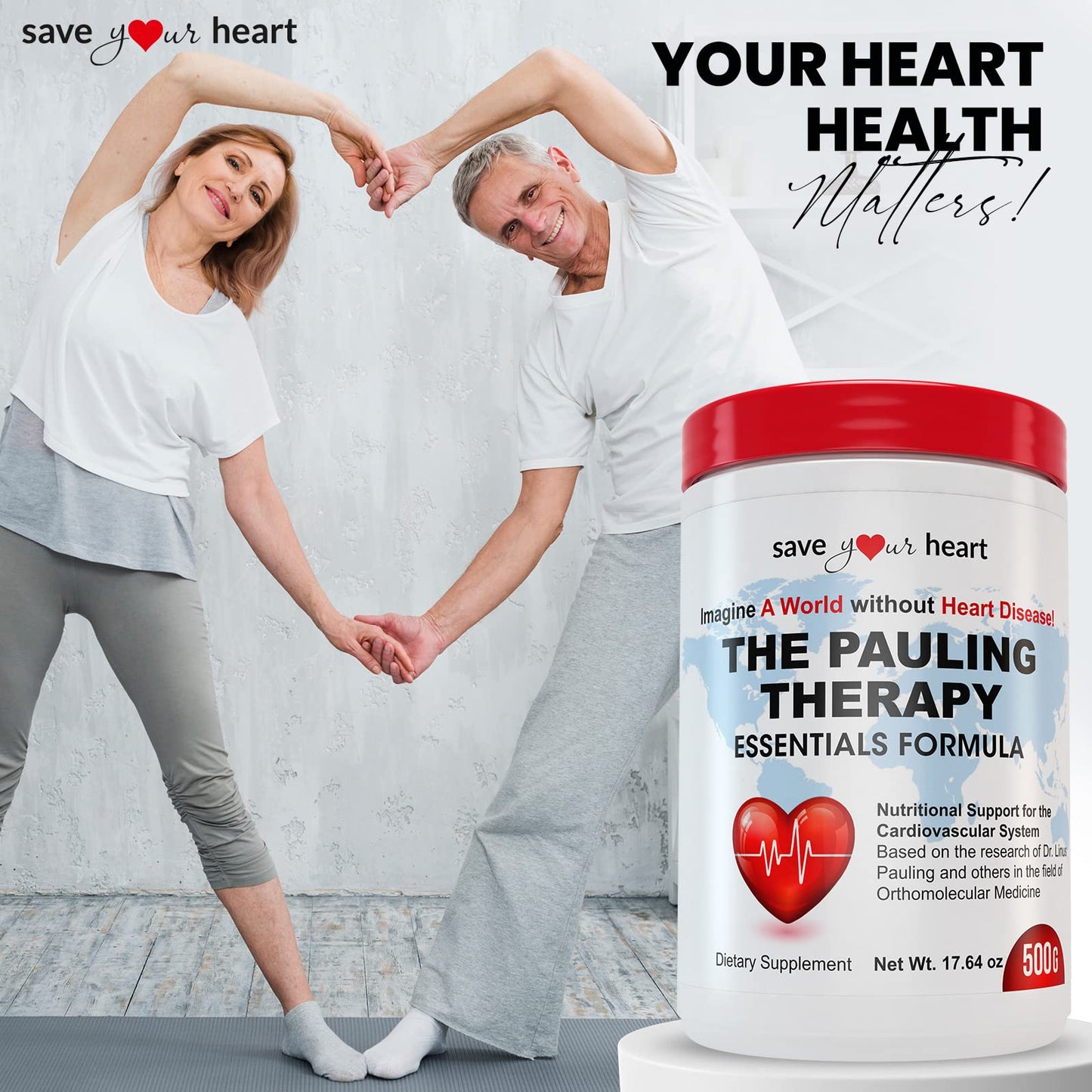 SAVE YOUR HEART Cardio Heart Health Powder Supplement - The Pauling Therapy Essentials Formula (PTEF) Healthy Vitamin C, B-12, L-Lysine, L-Arginine, Magnesium, Zinc + Vitamins, Minerals & Antioxidants - dailyvitalstore