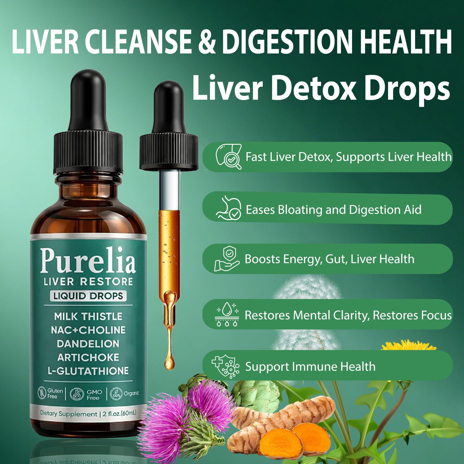 SCEZROB Purelia Liver Restore Drops – Complete Liver Detox Support Supplement with Milk Thistle, Dandelion & L-Glutathione for Liver Cleanse & Digestion Aid Health, 2 Fl Oz (1) - dailyvitalstore