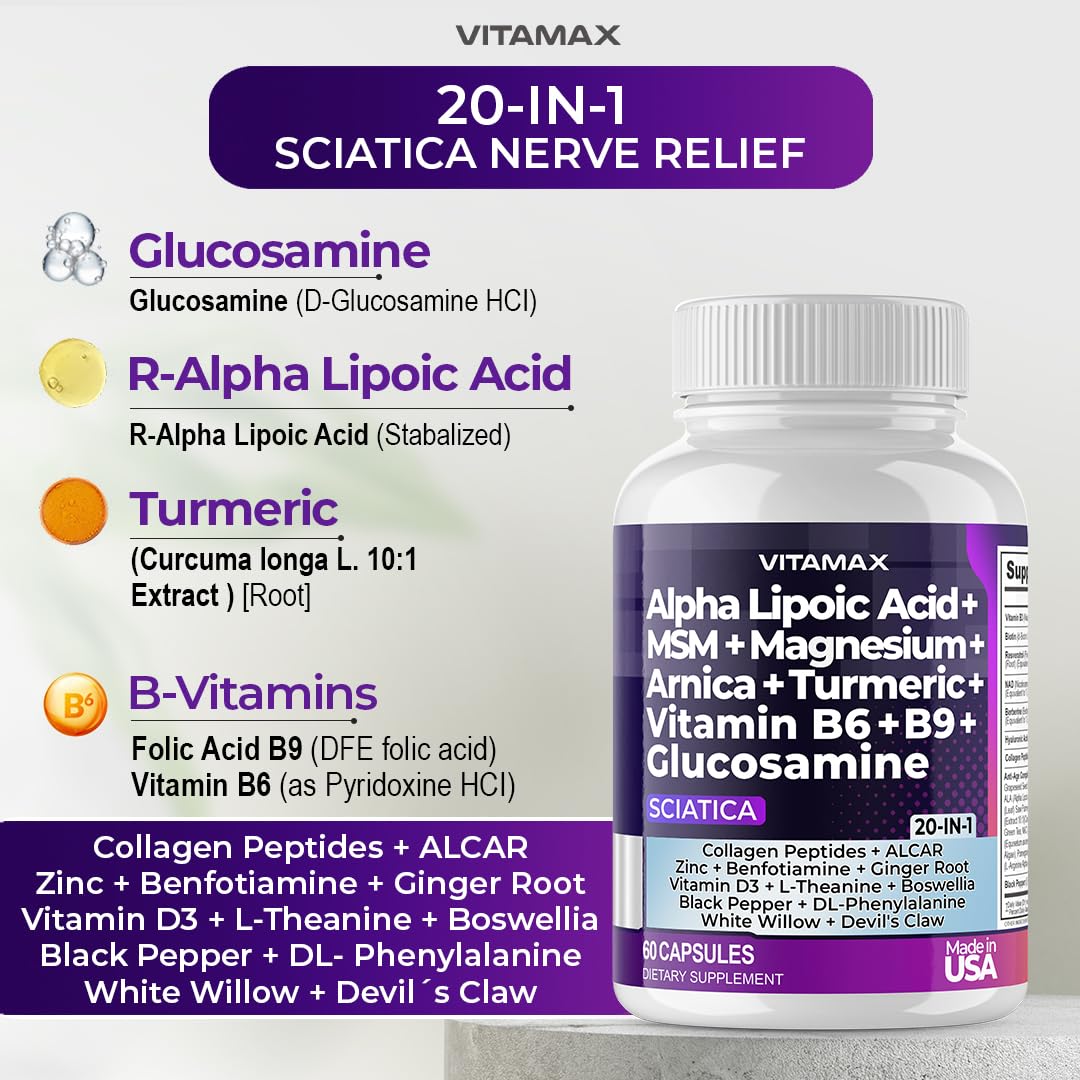Sciatic Nerve Health Support - Sciatic Nerve Supplement Capsules with Folic Acid, Pea, Glucosamine, MSM, Vitamin B Complex, Alpha Lipoic Acid 300mg – 60ct – Made in USA - dailyvitalstore
