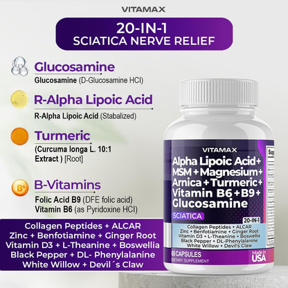 Sciatic Nerve Health Support - Sciatic Nerve Supplement Capsules with Folic Acid, Pea, Glucosamine, MSM, Vitamin B Complex, Alpha Lipoic Acid 300mg – 60ct – Made in USA - dailyvitalstore