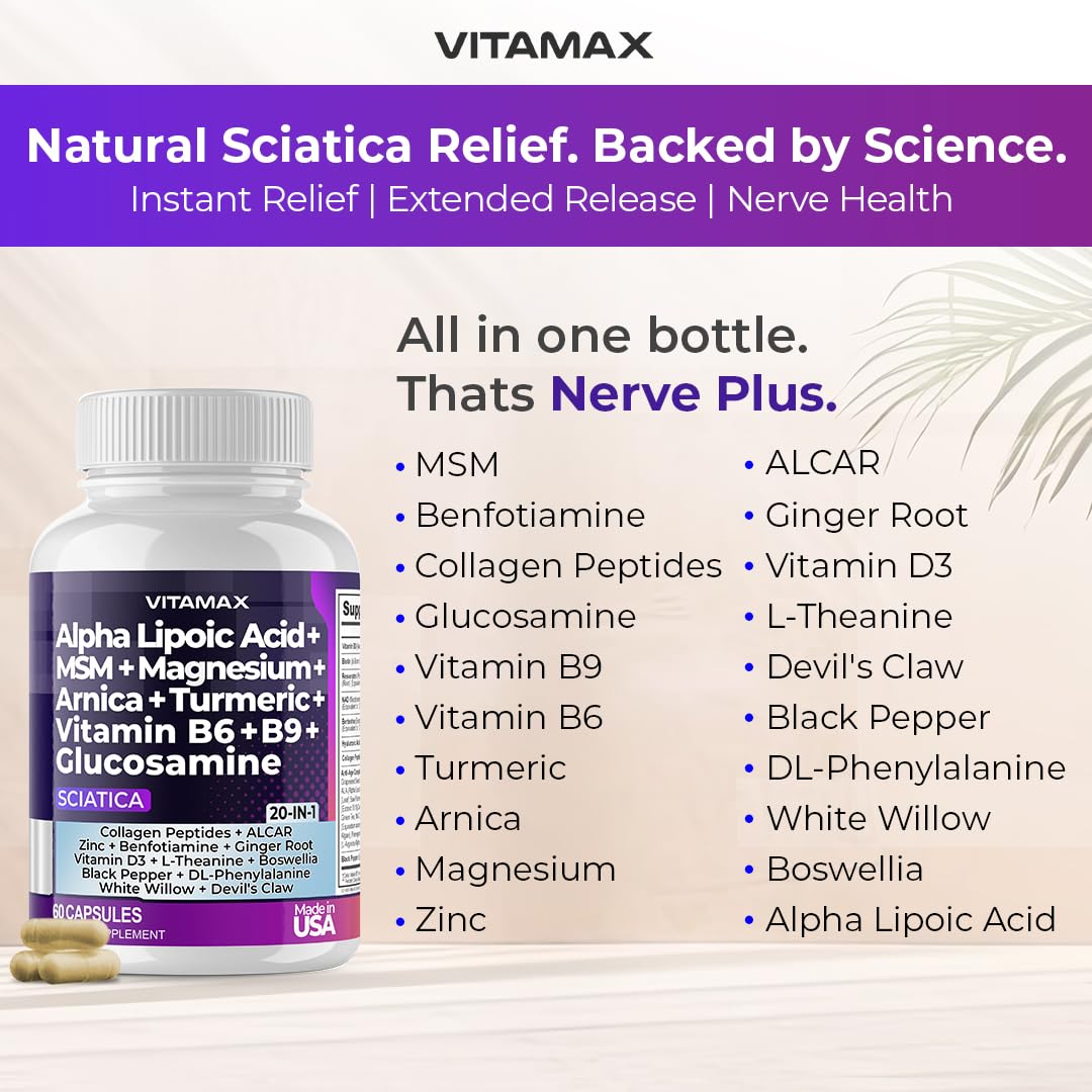 Sciatic Nerve Health Support - Sciatic Nerve Supplement Capsules with Folic Acid, Pea, Glucosamine, MSM, Vitamin B Complex, Alpha Lipoic Acid 300mg – 60ct – Made in USA - dailyvitalstore
