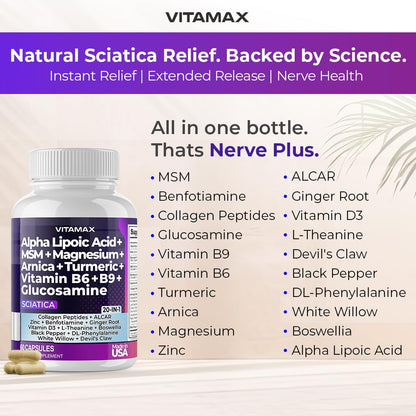 Sciatic Nerve Health Support - Sciatic Nerve Supplement Capsules with Folic Acid, Pea, Glucosamine, MSM, Vitamin B Complex, Alpha Lipoic Acid 300mg – 60ct – Made in USA - dailyvitalstore