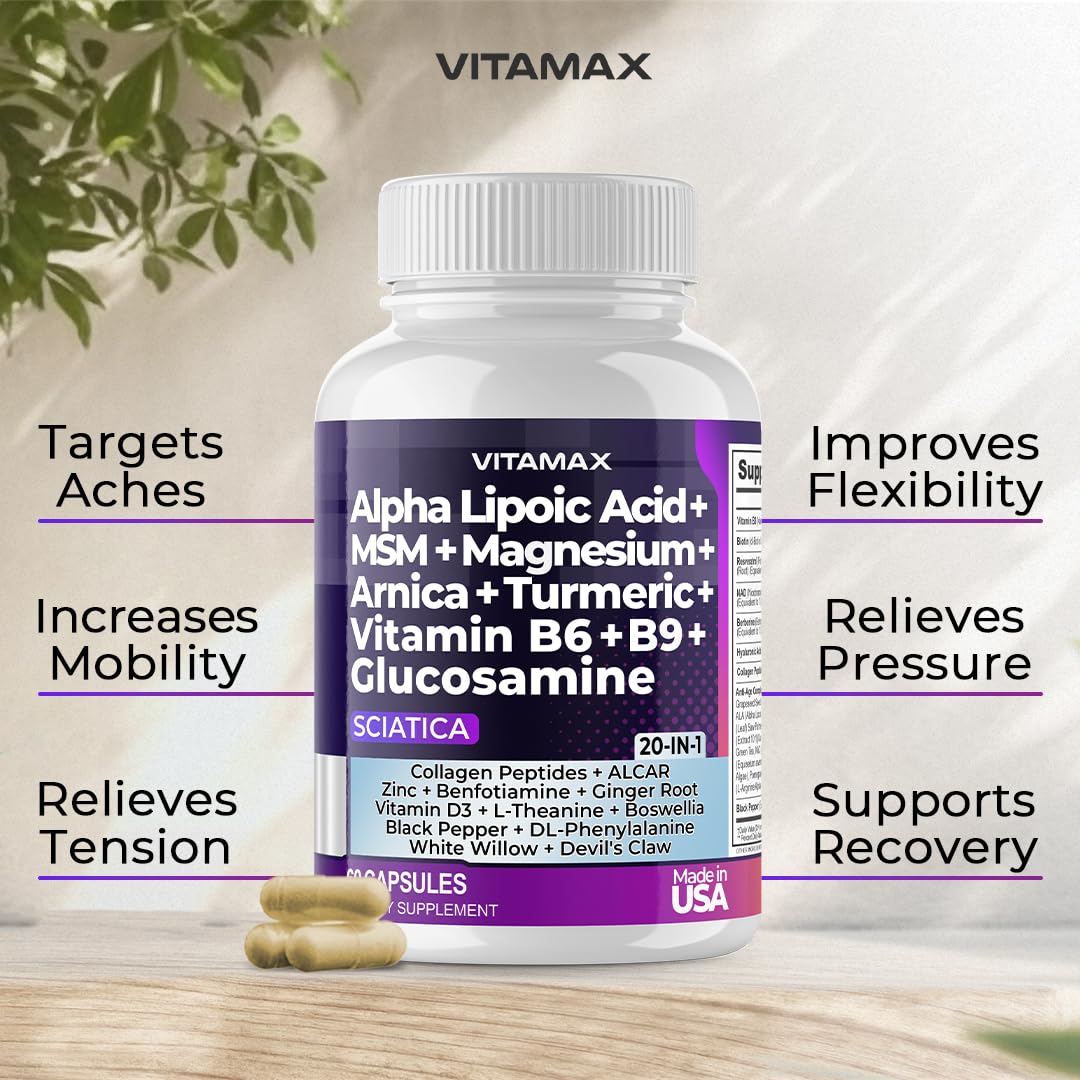 Sciatic Nerve Health Support - Sciatic Nerve Supplement Capsules with Folic Acid, Pea, Glucosamine, MSM, Vitamin B Complex, Alpha Lipoic Acid 300mg – 60ct – Made in USA - dailyvitalstore