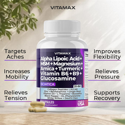 Sciatic Nerve Health Support - Sciatic Nerve Supplement Capsules with Folic Acid, Pea, Glucosamine, MSM, Vitamin B Complex, Alpha Lipoic Acid 300mg – 60ct – Made in USA - dailyvitalstore