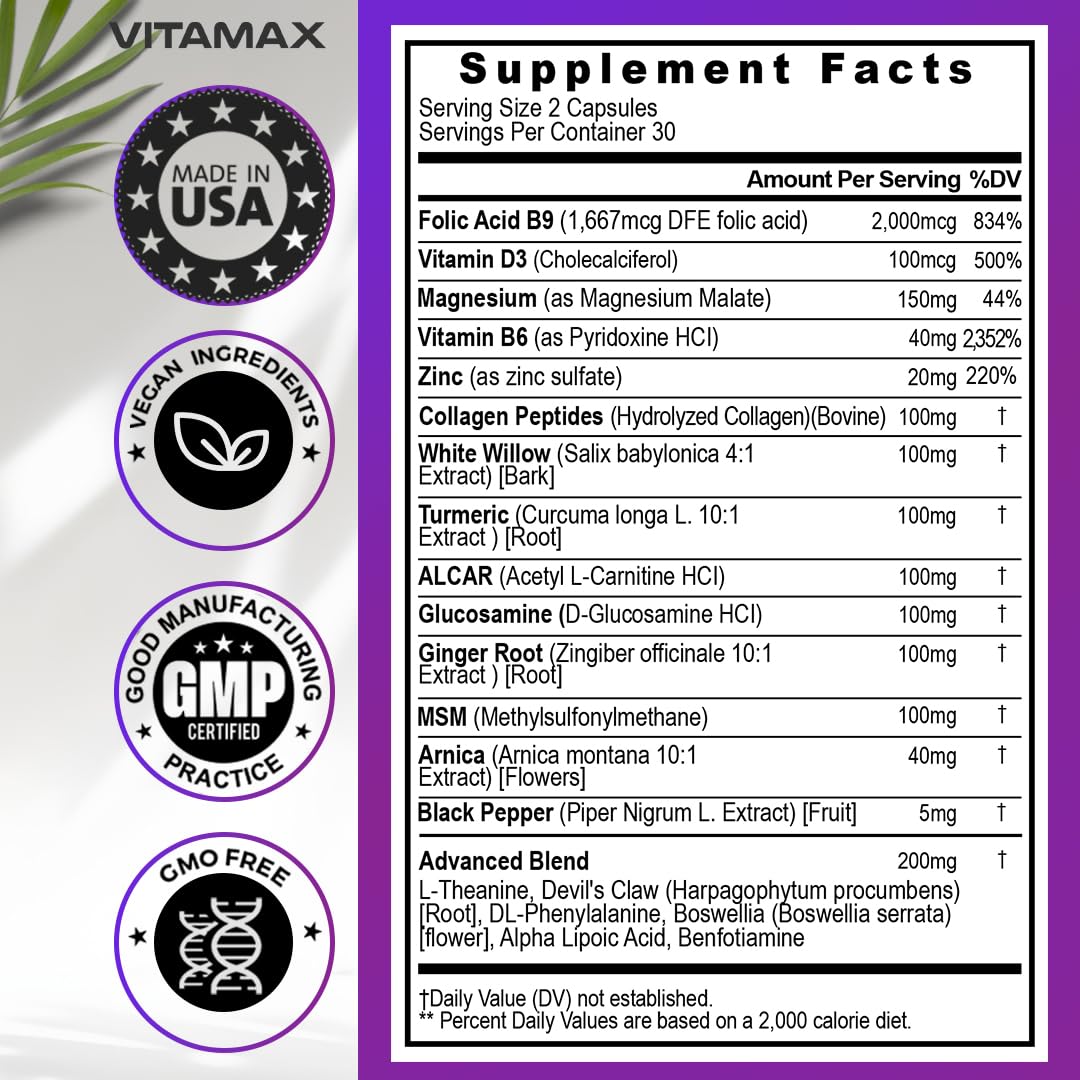 Sciatic Nerve Health Support - Sciatic Nerve Supplement Capsules with Folic Acid, Pea, Glucosamine, MSM, Vitamin B Complex, Alpha Lipoic Acid 300mg – 60ct – Made in USA - dailyvitalstore
