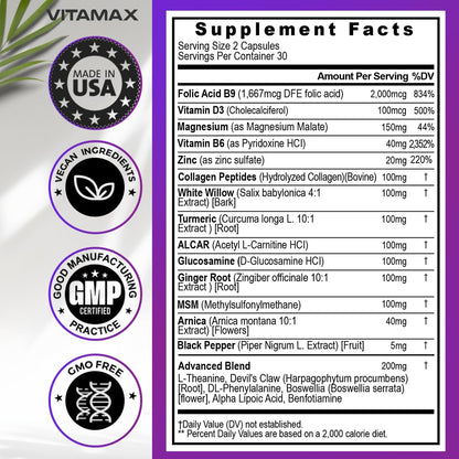 Sciatic Nerve Health Support - Sciatic Nerve Supplement Capsules with Folic Acid, Pea, Glucosamine, MSM, Vitamin B Complex, Alpha Lipoic Acid 300mg – 60ct – Made in USA - dailyvitalstore