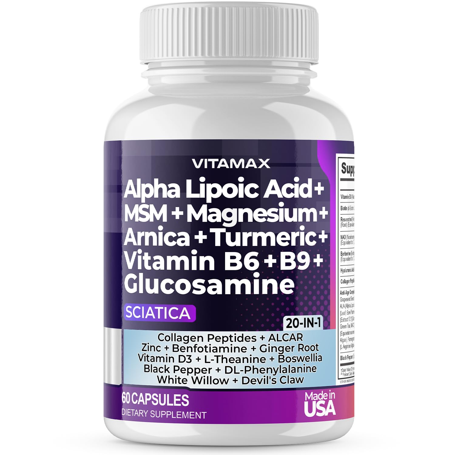 Sciatic Nerve Health Support - Sciatic Nerve Supplement Capsules with Folic Acid, Pea, Glucosamine, MSM, Vitamin B Complex, Alpha Lipoic Acid 300mg – 60ct – Made in USA - dailyvitalstore