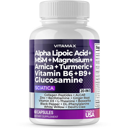 Sciatic Nerve Health Support - Sciatic Nerve Supplement Capsules with Folic Acid, Pea, Glucosamine, MSM, Vitamin B Complex, Alpha Lipoic Acid 300mg – 60ct – Made in USA - dailyvitalstore